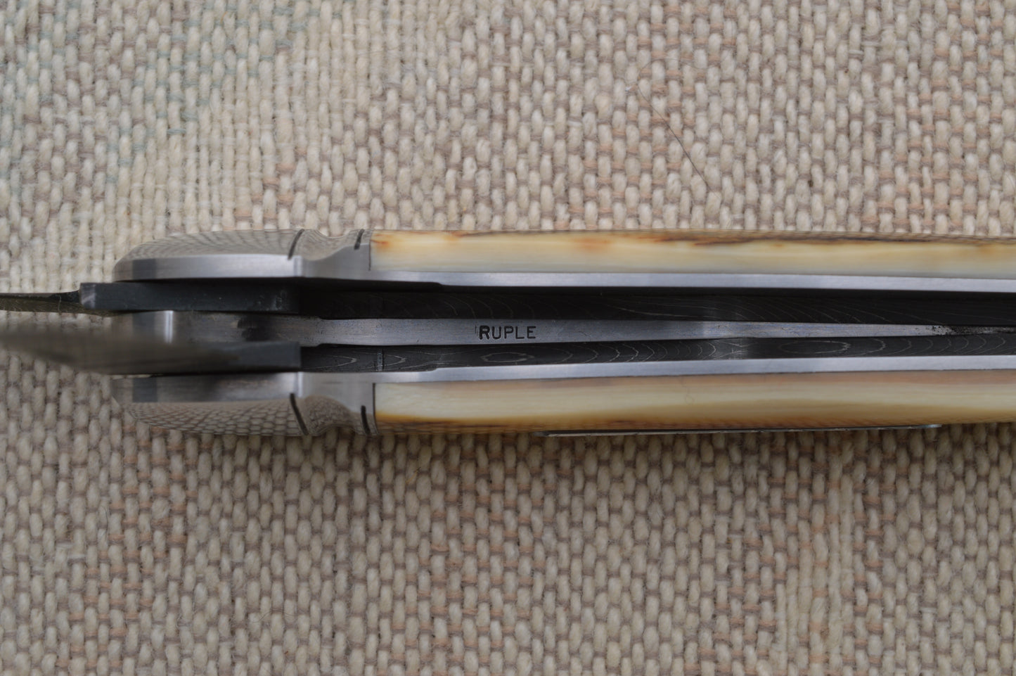 Bill Ruple Damascus Split-Back 3-Blade Canoe Whittler, Fossilized Scales