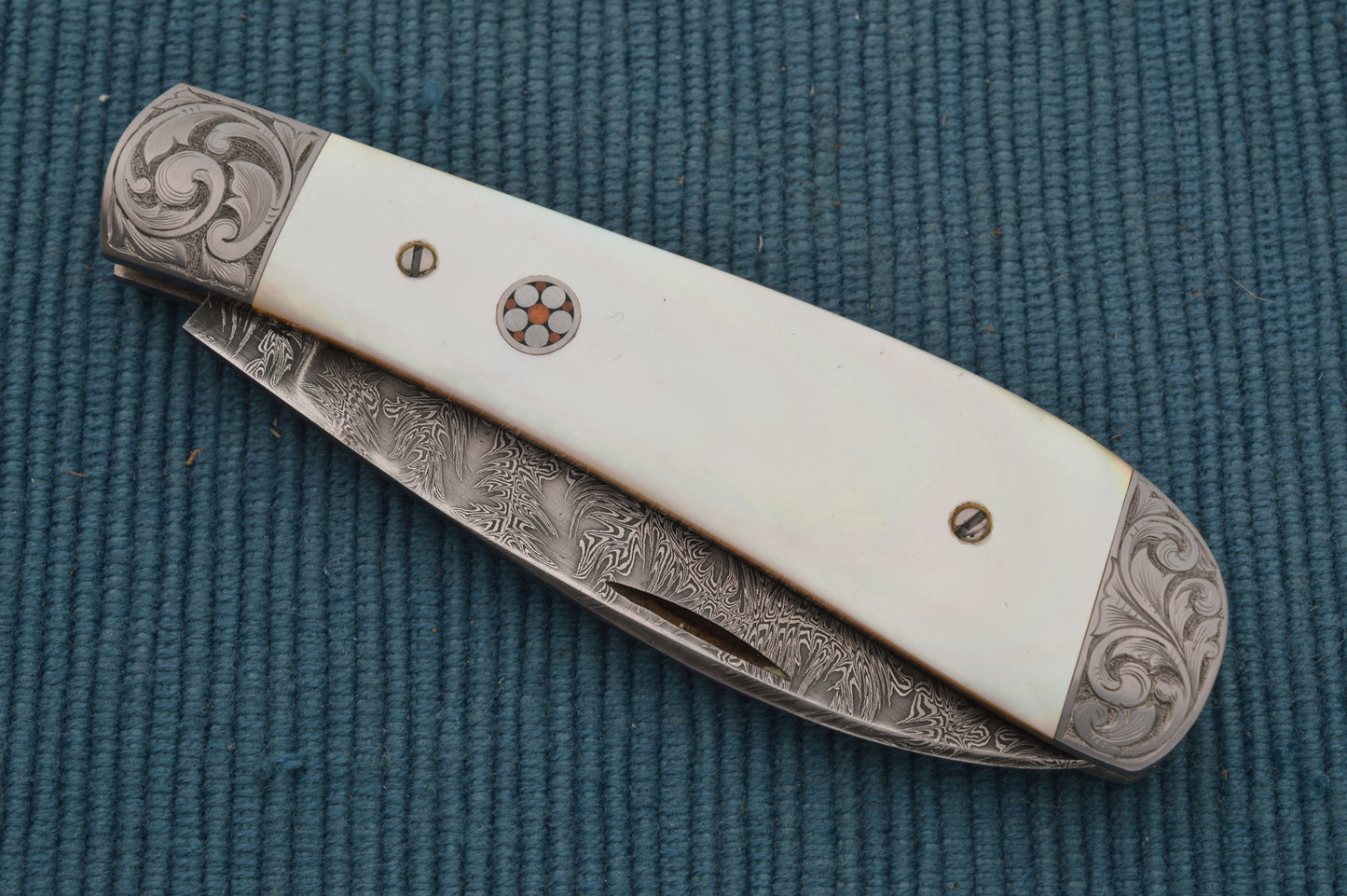 Steve Dunn M.S. Damascus Pearl Wharncliffe Trapper Slip-Joint Folding Knife