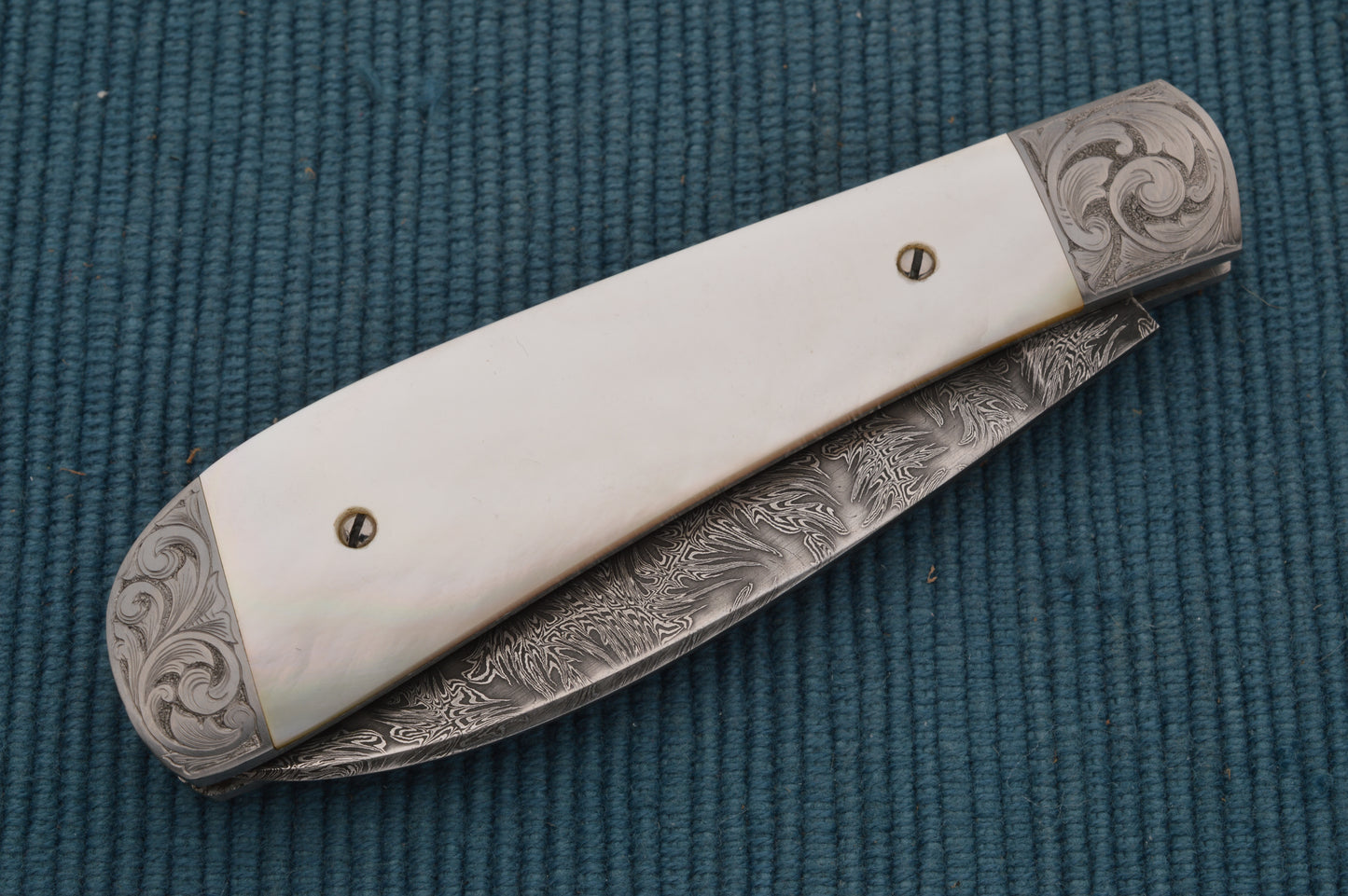 Steve Dunn M.S. Damascus Pearl Wharncliffe Trapper Slip-Joint Folding Knife