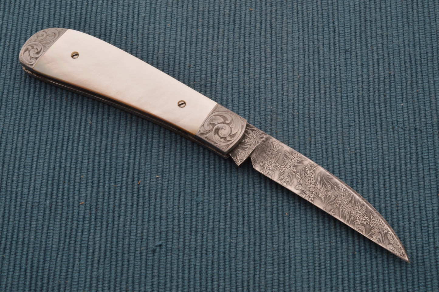 Steve Dunn M.S. Damascus Pearl Wharncliffe Trapper Slip-Joint Folding Knife