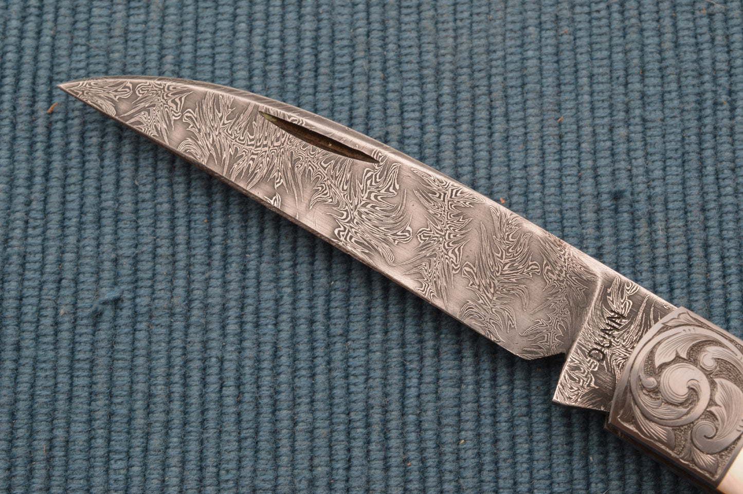 Steve Dunn M.S. Damascus Pearl Wharncliffe Trapper Slip-Joint Folding Knife