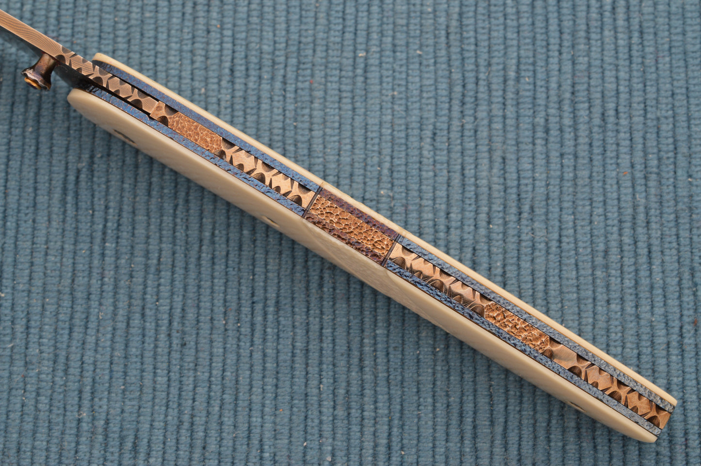 Rick Dunkerley M.S. Damascus, White Interior Fossil Scales, Liner-Lock Folding Knife (SOLD)