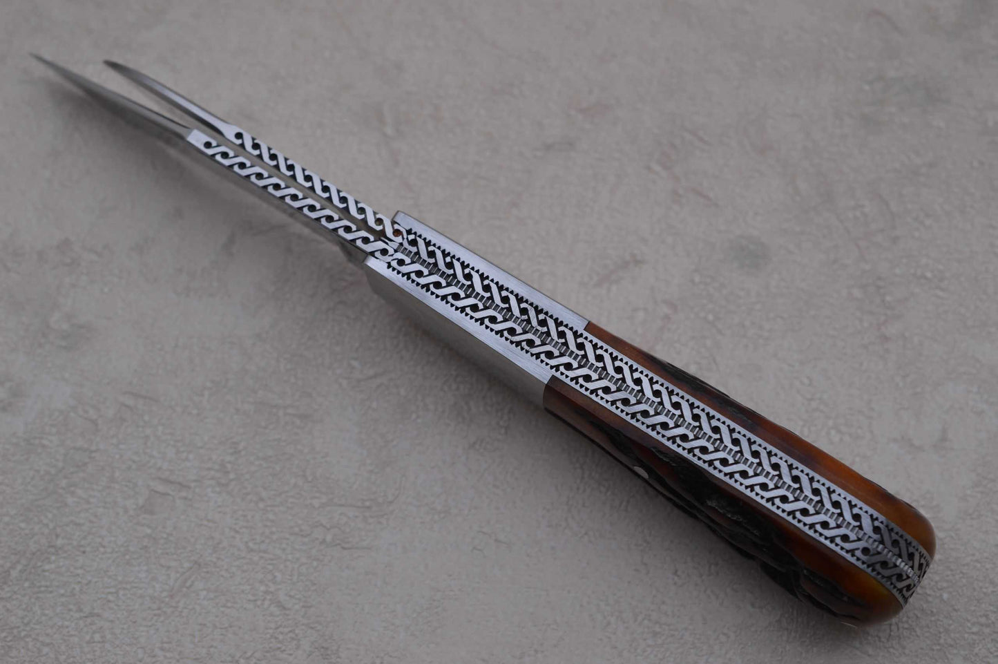 Rusty Preston Amber Stag 2-Blade Barlow, Roman Knot File-Work (SOLD)
