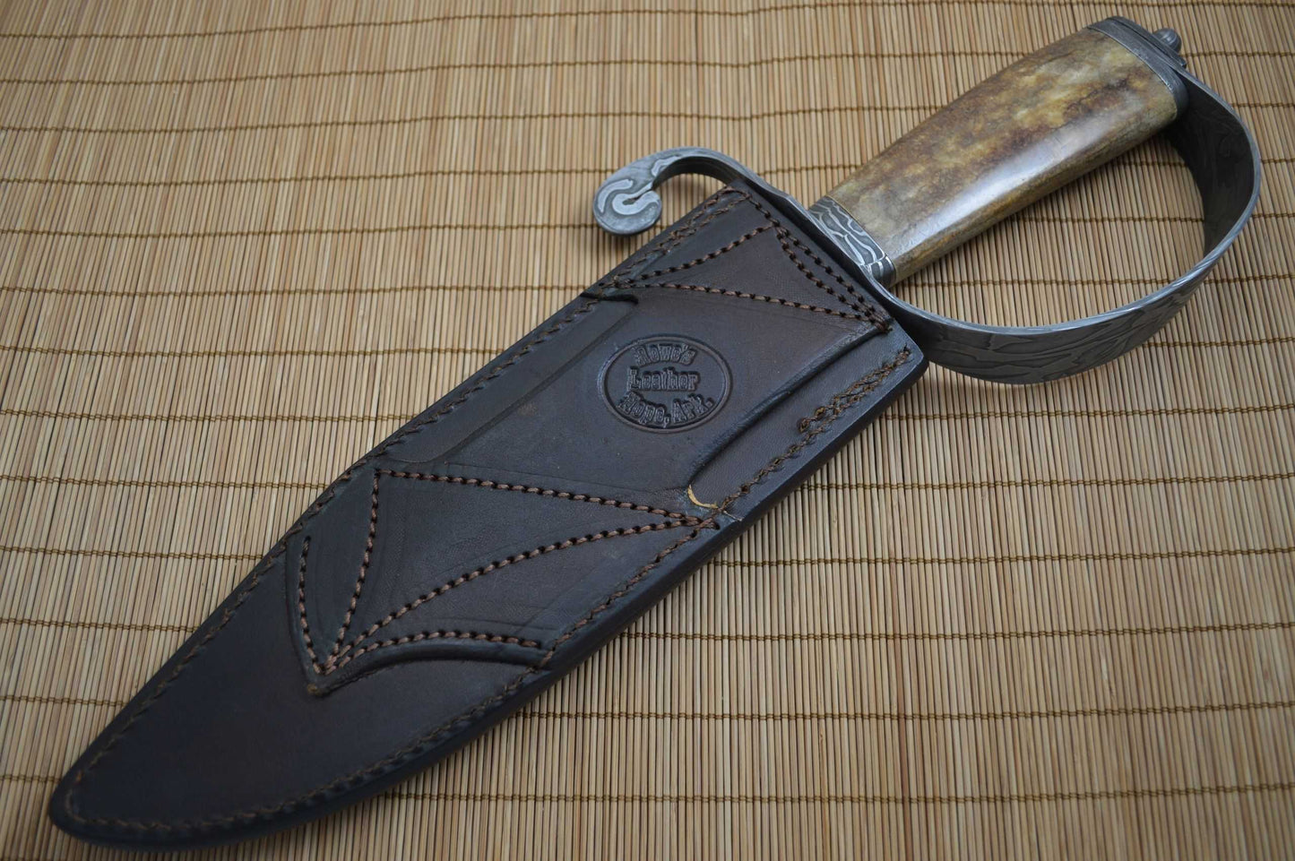 David Anders M.S. D-Guard Damascus Bowie, Fossilized Handle, Rowe Leather Sheath (SOLD)