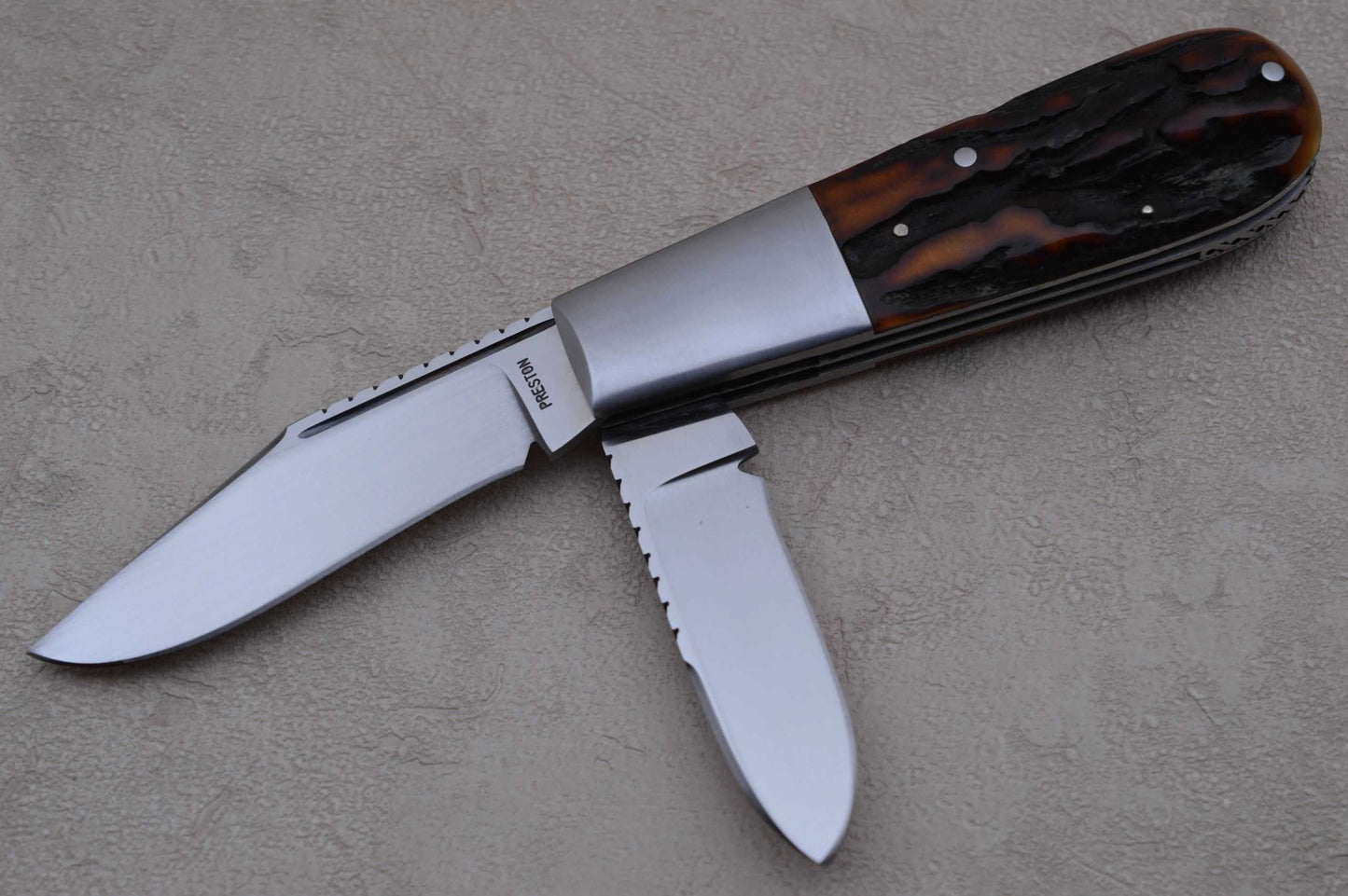 Rusty Preston Amber Stag 2-Blade Barlow, Roman Knot File-Work (SOLD)