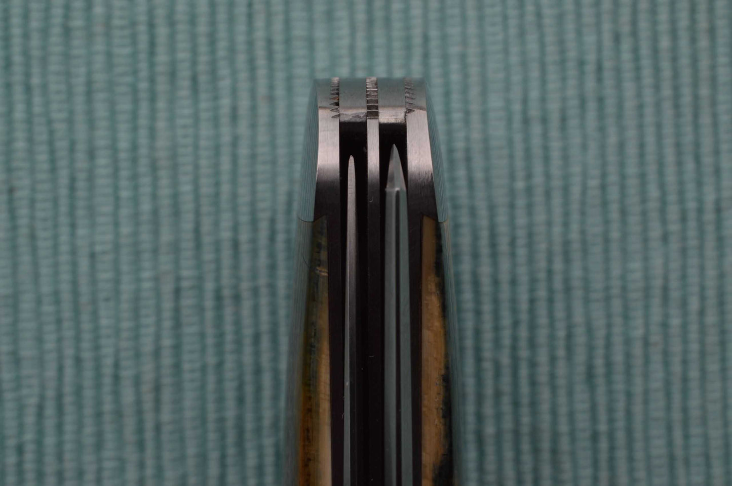 Rusty Preston Fossil Mammoth Large 2-Blade Trapper, Roman Knot File-Work (SOLD)