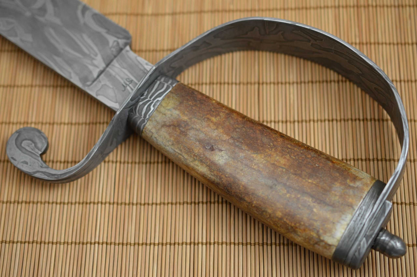 David Anders M.S. D-Guard Damascus Bowie, Fossilized Handle, Rowe Leather Sheath (SOLD)