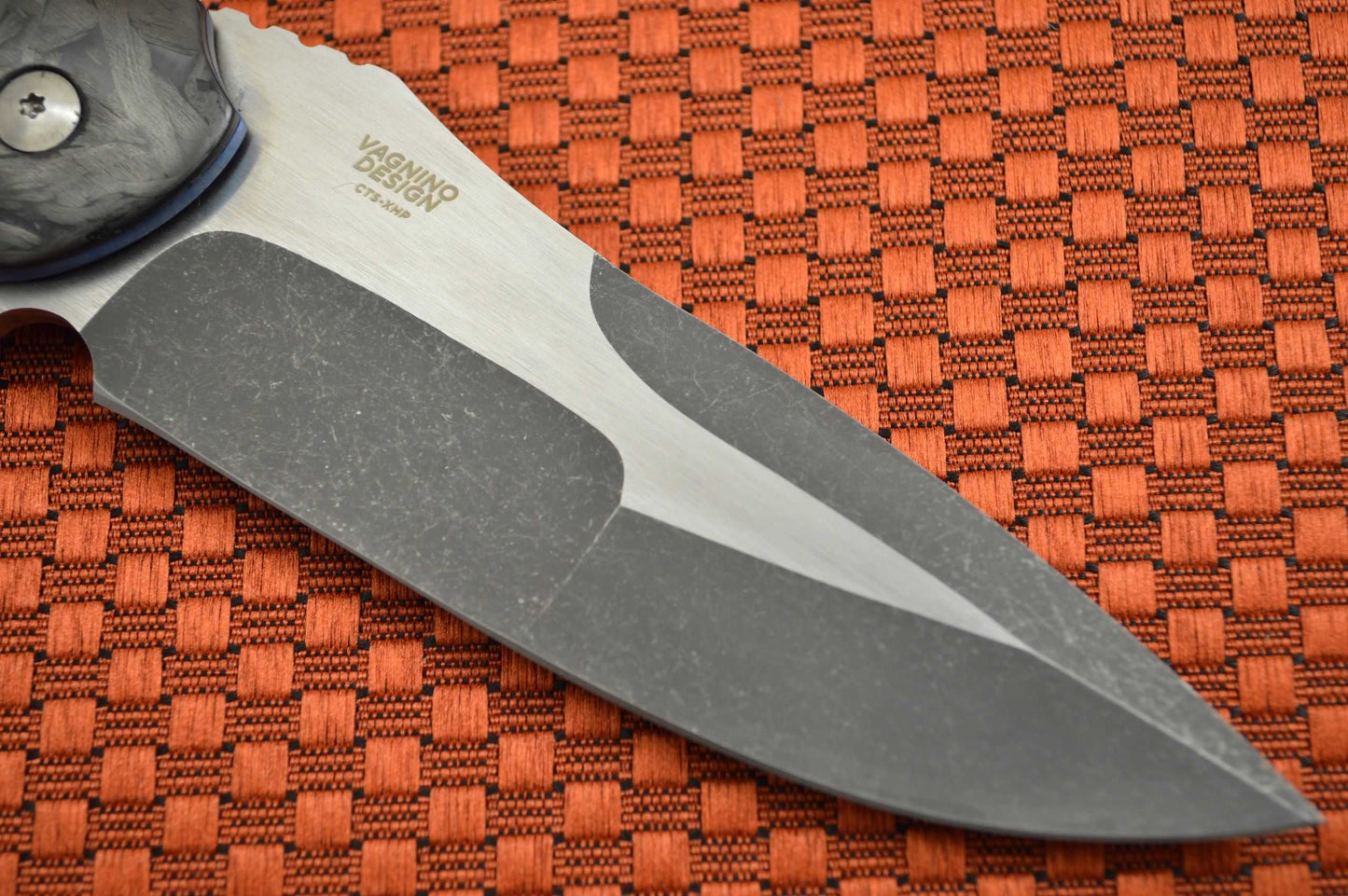 Olamic Cutlery Custom Wayfarer Classic Flipper, Double Marbled CF Bolsters, Orange Peel Zirconium (SOLD)