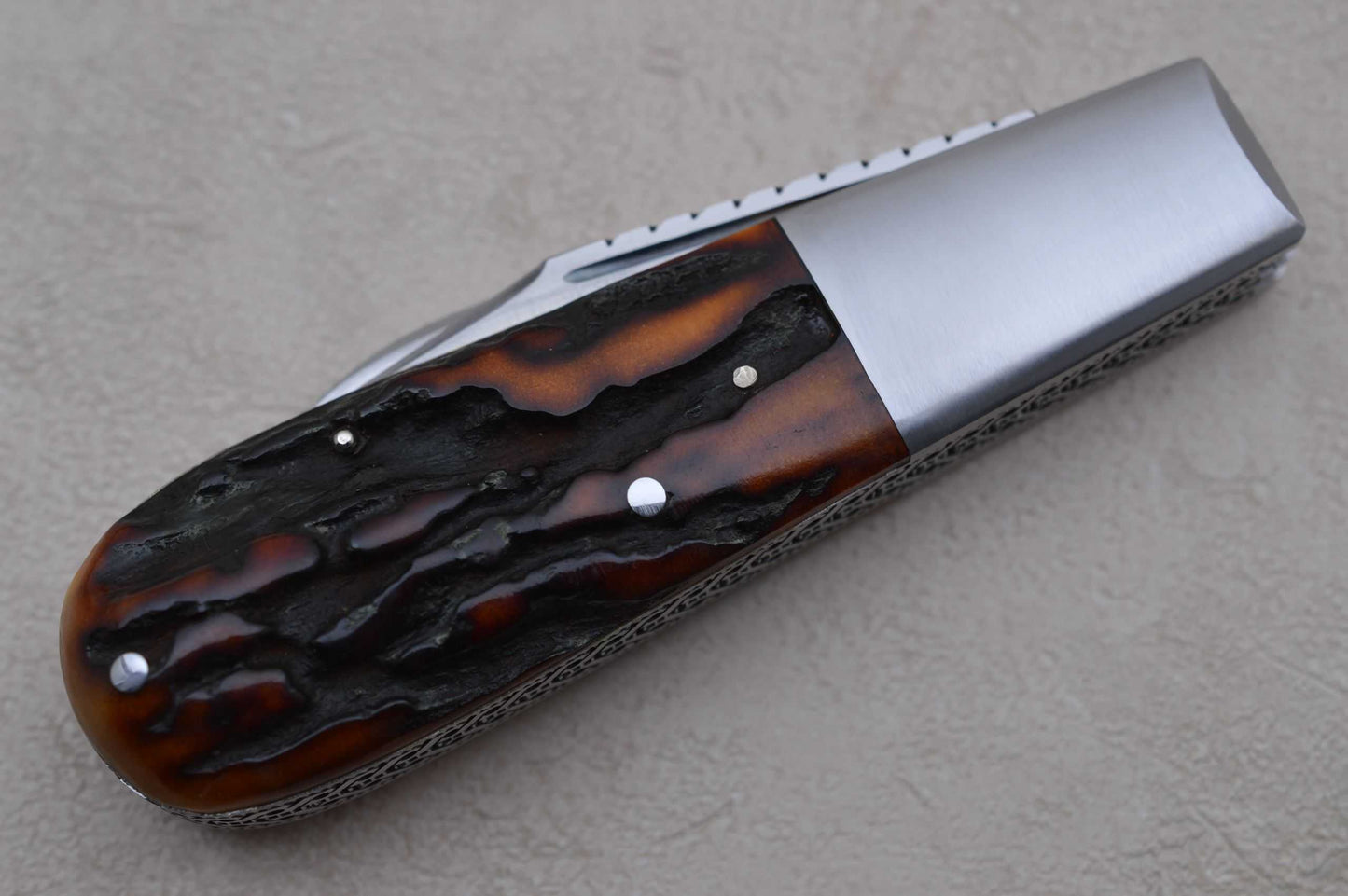 Rusty Preston Amber Stag 2-Blade Barlow, Roman Knot File-Work (SOLD)