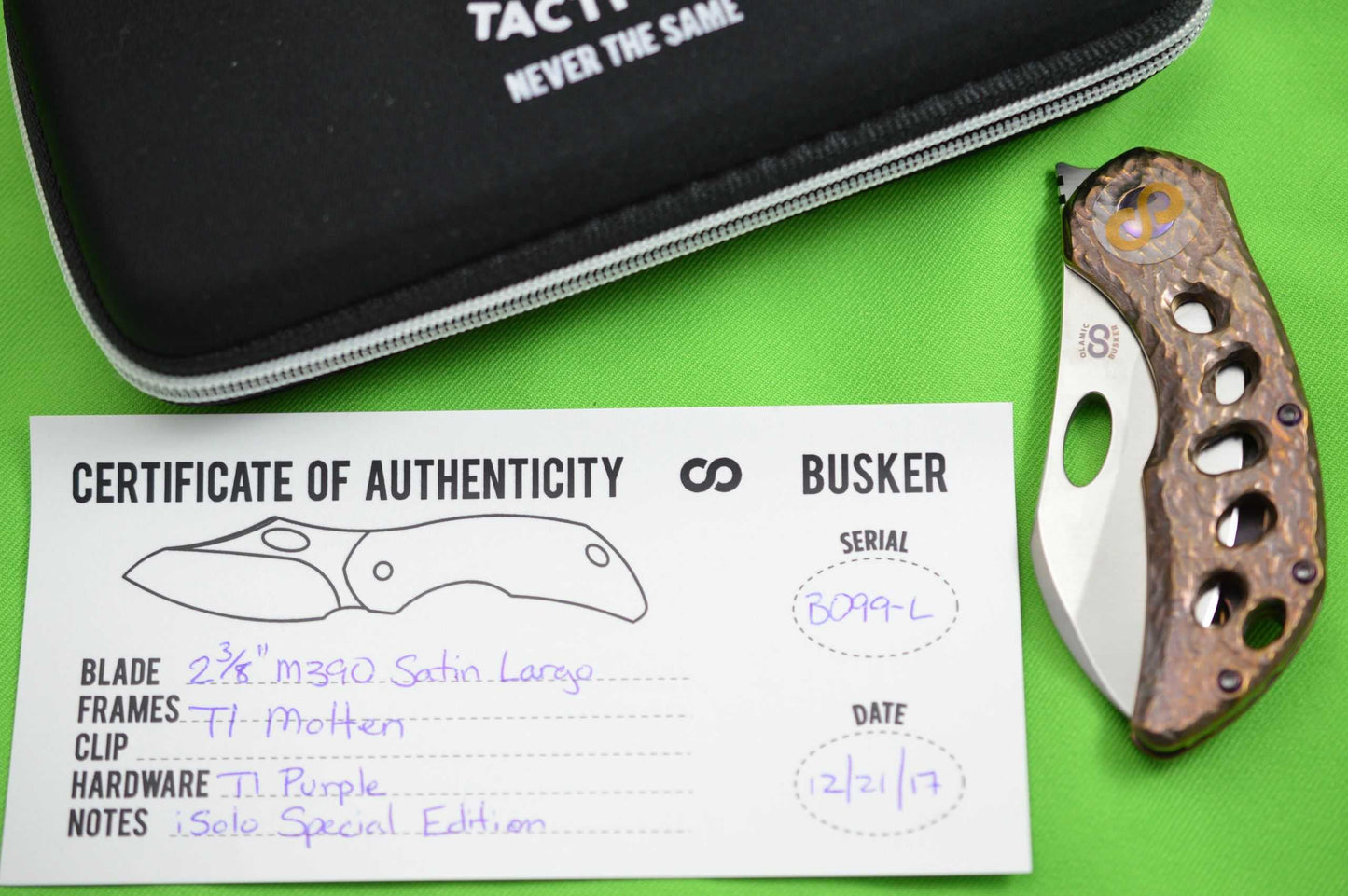 Olamic Cutlery BUSKER, "iSolo Special Edition", Largo M390 Blade, Molten Titanium Frame (SOLD)