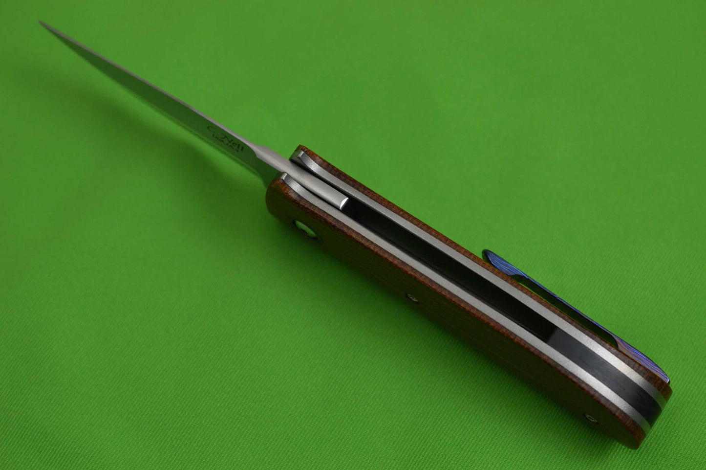 Chad Nell Custom "New York Flipper", Cross-Cut Natural Brown Canvas Micarta, Kraken Black Timascus Clip (SOLD)