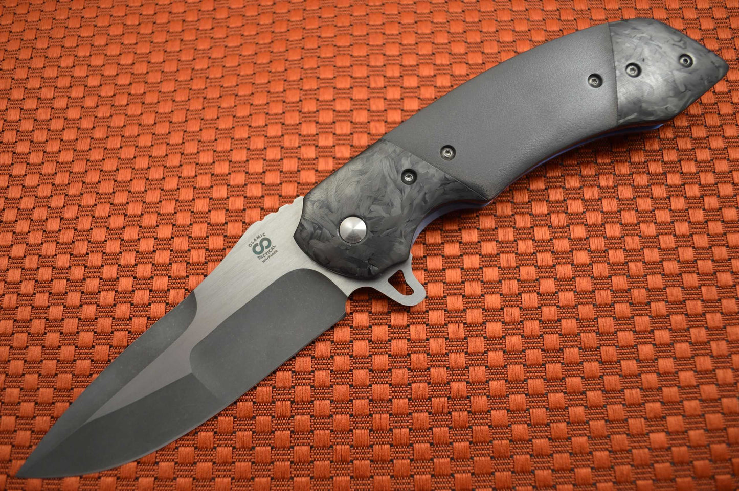 Olamic Cutlery Custom Wayfarer Classic Flipper, Double Marbled CF Bolsters, Orange Peel Zirconium (SOLD)