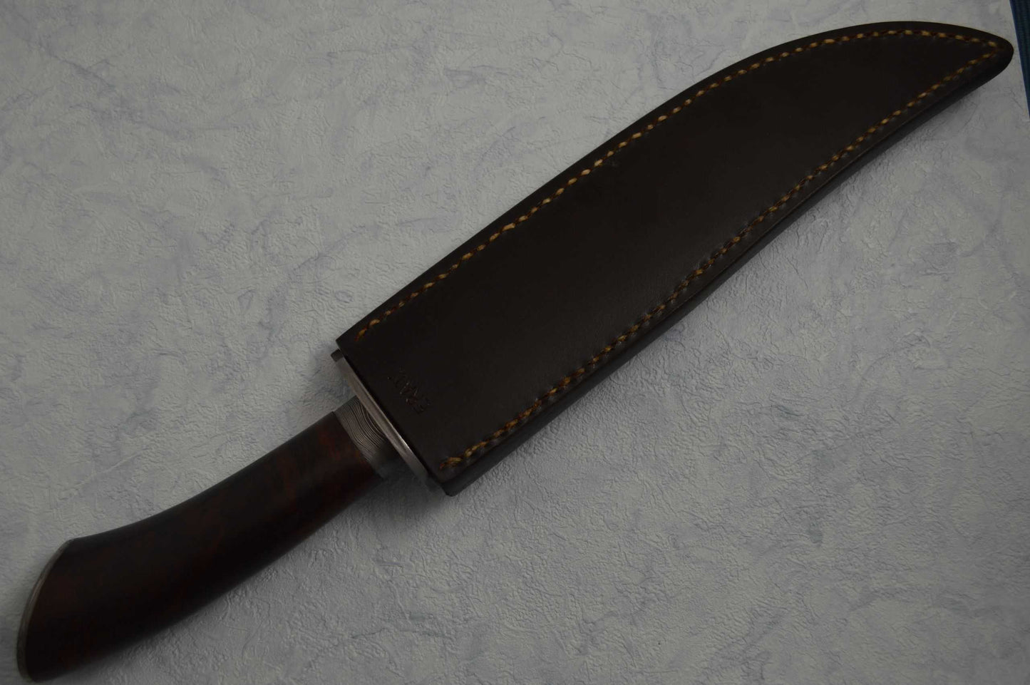 Shawn McIntyre, M.S. Damascus & Desert Ironwood Bowie Knife, Leather Sheath (SOLD)