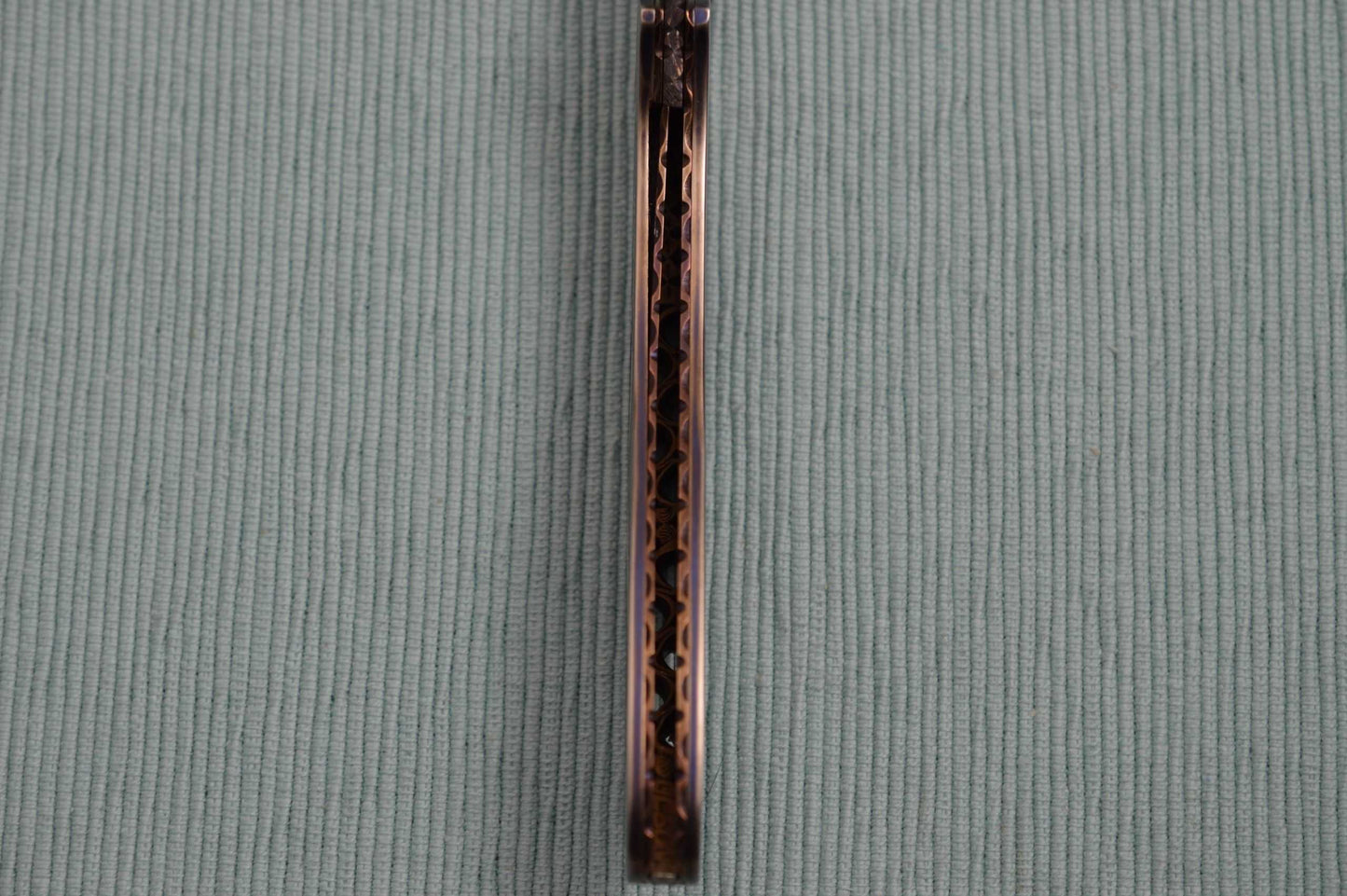 Joe Olson "Celtic Knot" Interframe Folder, Damascus, Black Lip Pearl Inlays (SOLD)
