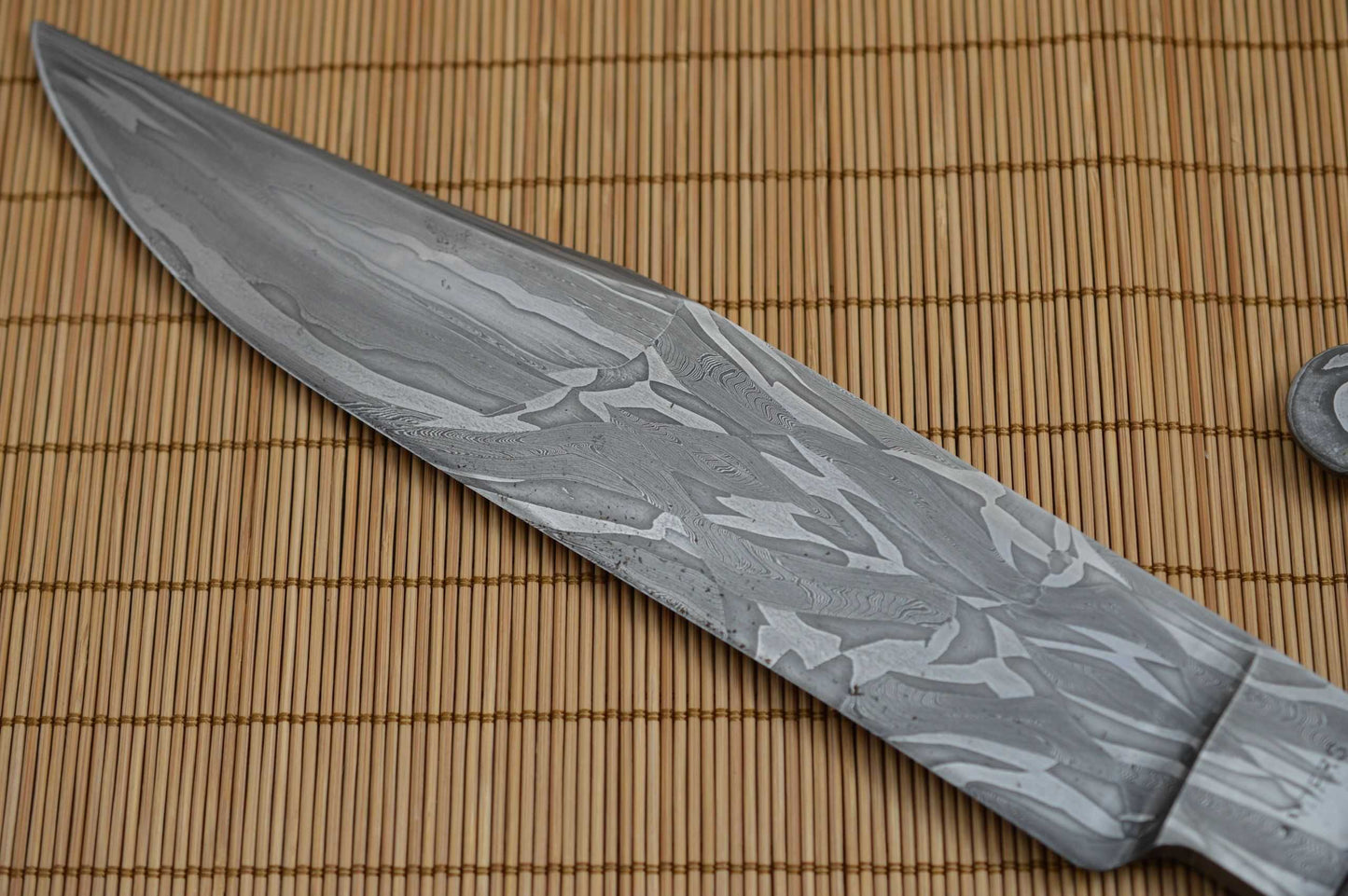 David Anders M.S. D-Guard Damascus Bowie, Fossilized Handle, Rowe Leather Sheath (SOLD)