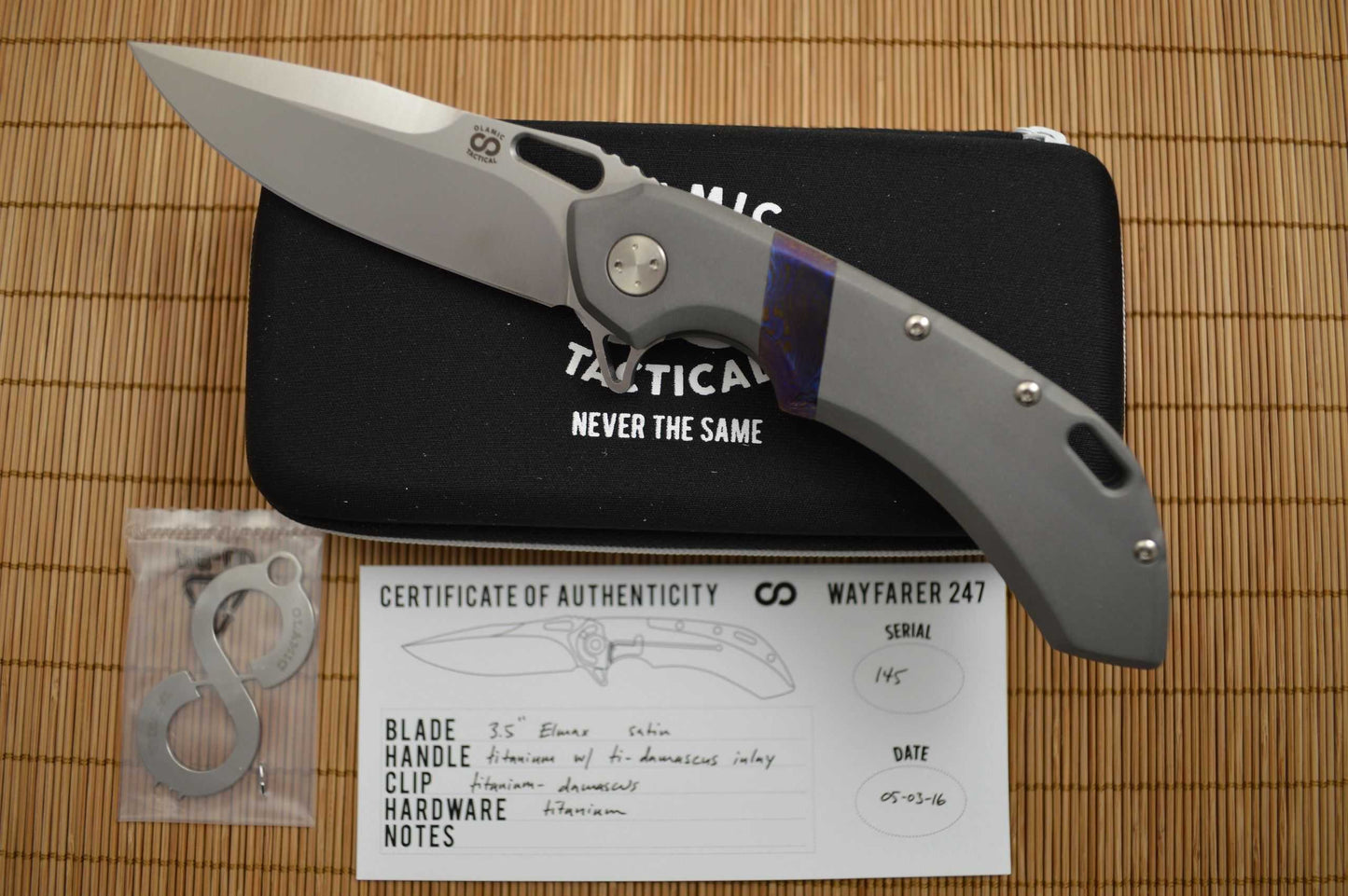 Olamic Cutlery Wayfarer 247 Titanium Damascus, Satin Elmax Blade (SOLD)