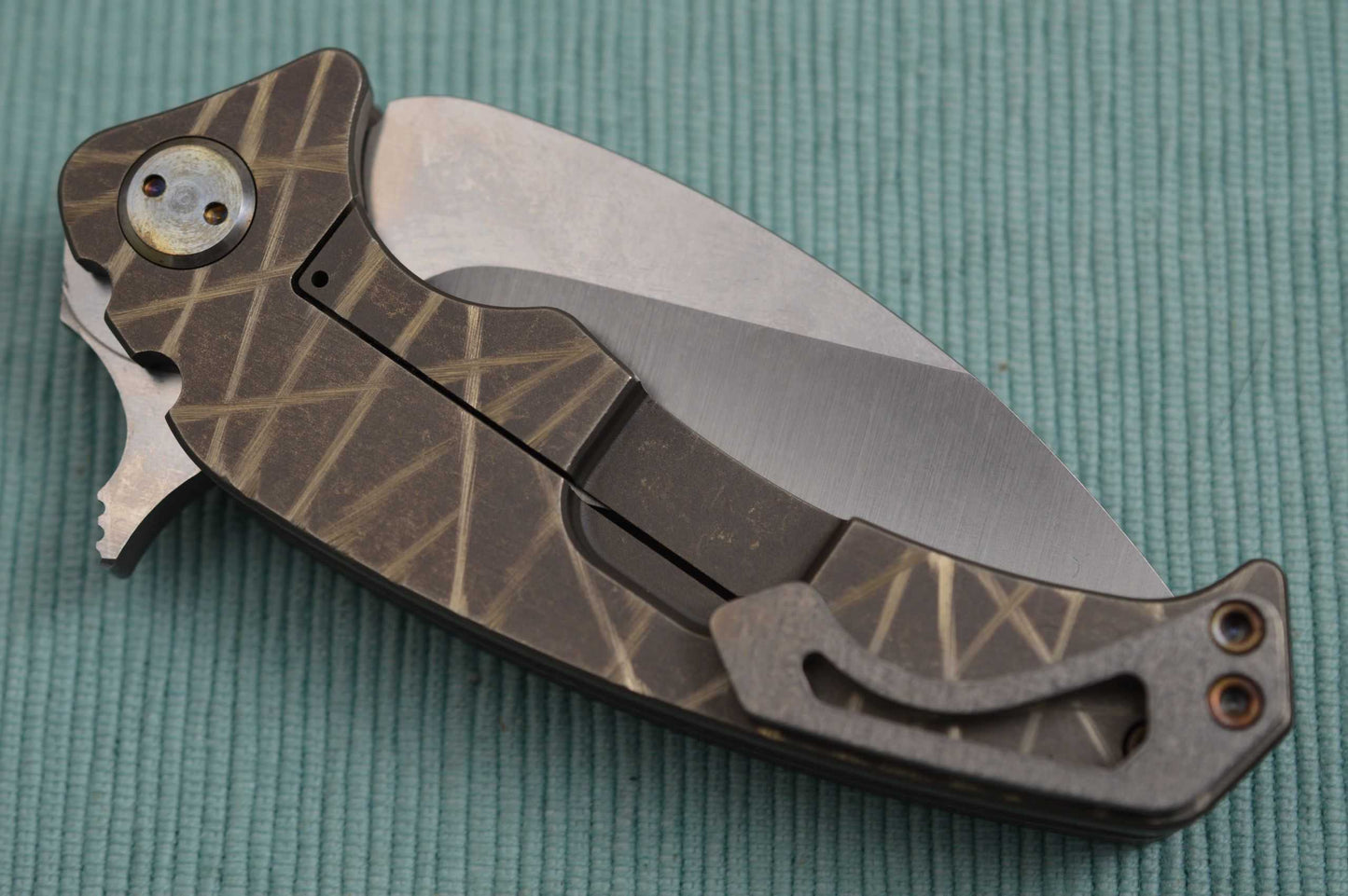 Medford Knife and Tool Flipper FUK, Tumbled D2 Blade, Bronze Anodized Sculpted Titanium Handle (SOLD)