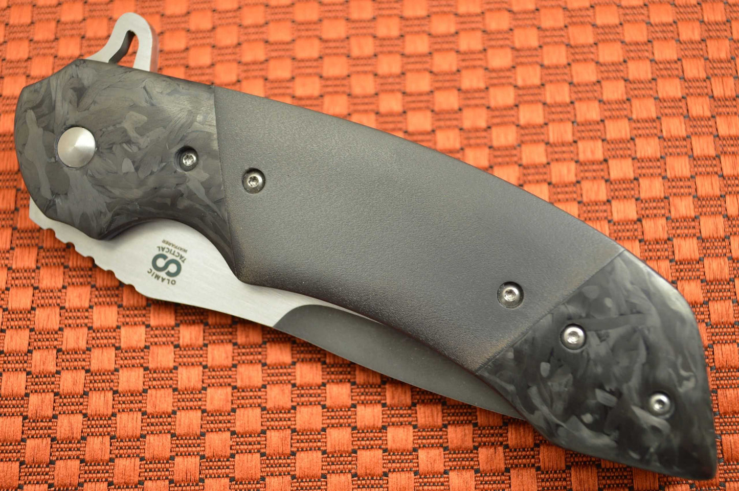 Olamic Cutlery Custom Wayfarer Classic Flipper, Double Marbled CF Bolsters, Orange Peel Zirconium (SOLD)