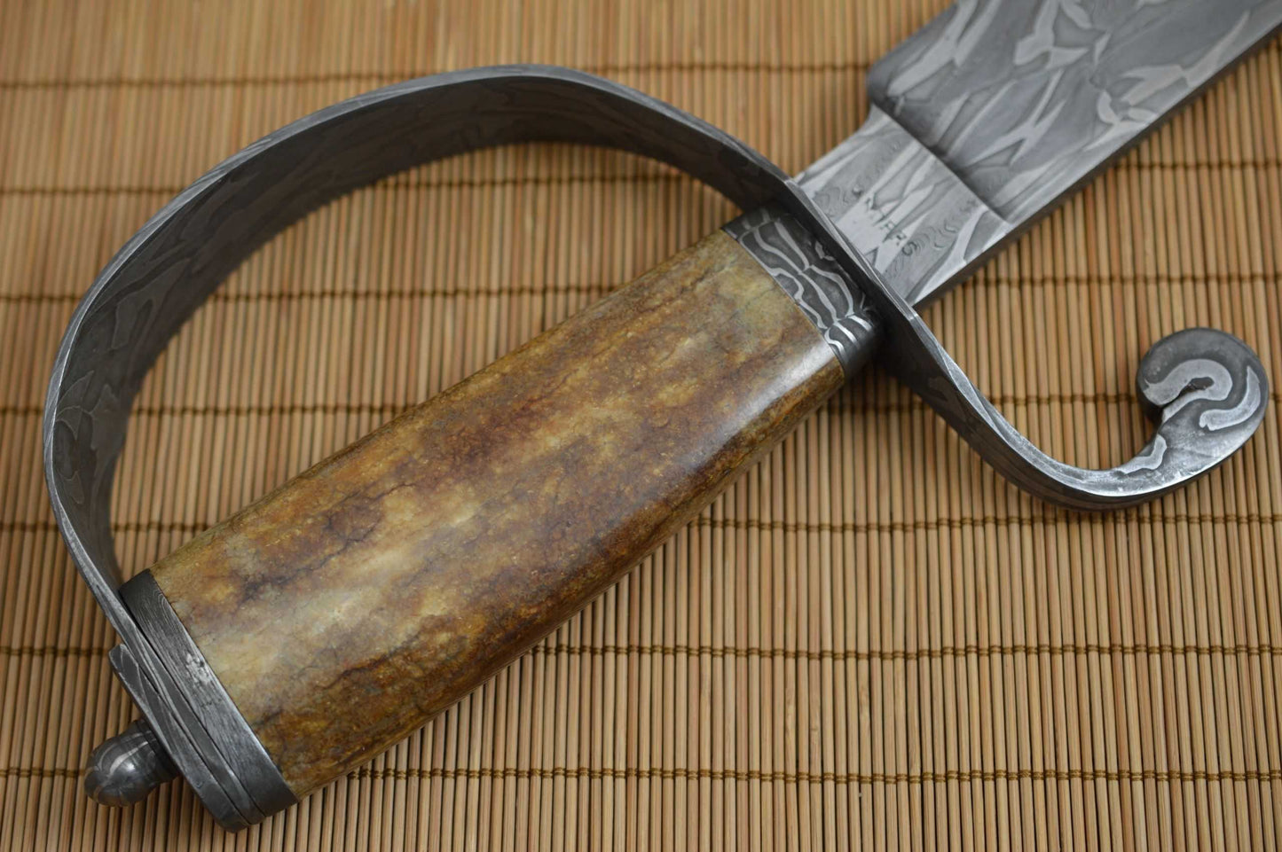 David Anders M.S. D-Guard Damascus Bowie, Fossilized Handle, Rowe Leather Sheath (SOLD)