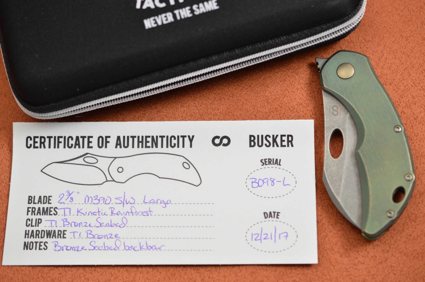 Olamic Cutlery BUSKER, Largo M390 Stonewashed Blade, Kinetic Rainforest Titanium Frame (SOLD)
