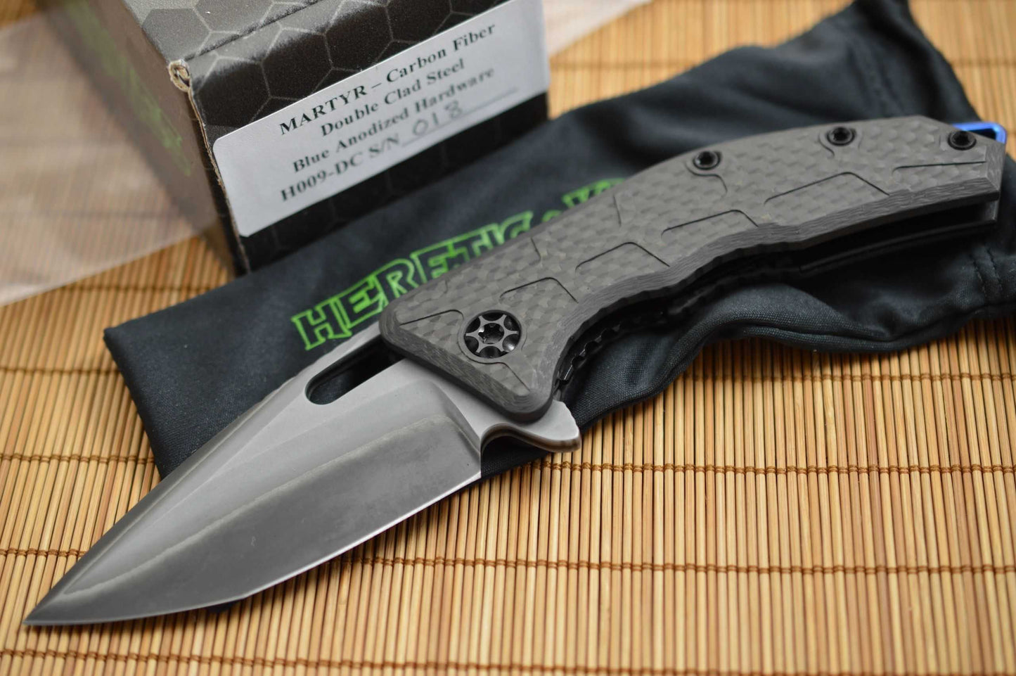 Heretic Knives, Marfione MARTYR, Carbon Fiber, Double Clad Steel, Blue Hardware (SOLD)