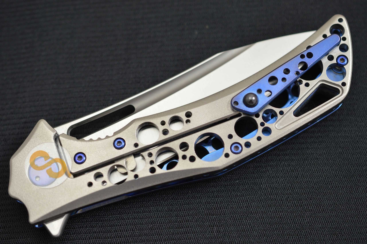 Olamic Cutlery SWISH Orange Peel ACID RAIN Frame and Pocket Clip, Sculpted Backbar (SOLD)