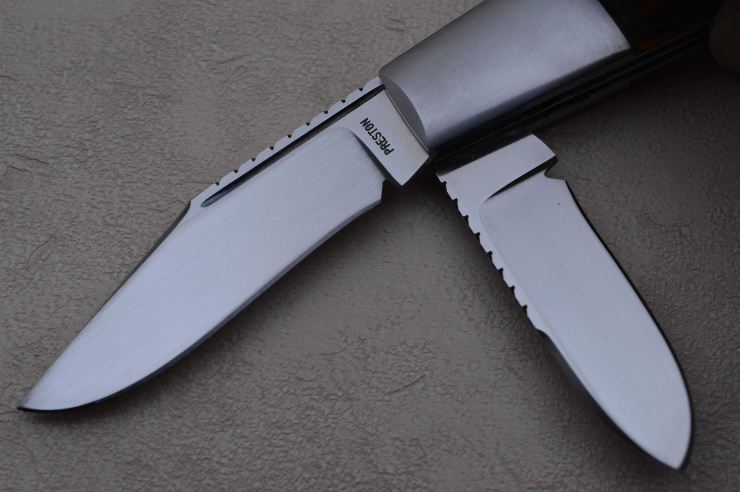 Rusty Preston Amber Stag 2-Blade Barlow, Roman Knot File-Work (SOLD)