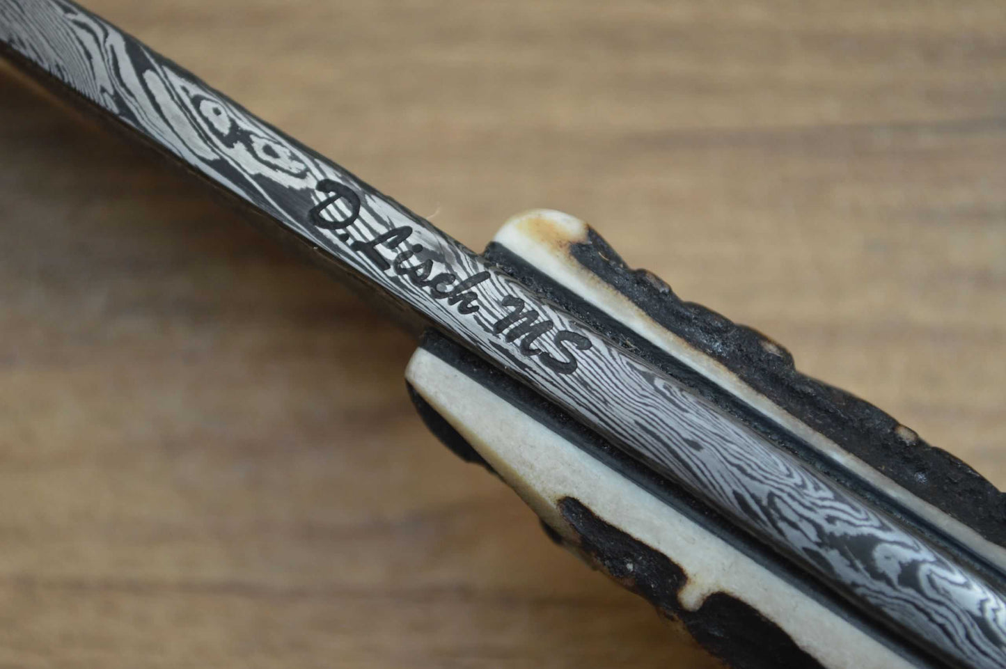 David Lisch, M.S. Flying Dragons Damascus Hunter, Sambar Stag, Rowe Leather Sheath (SOLD)