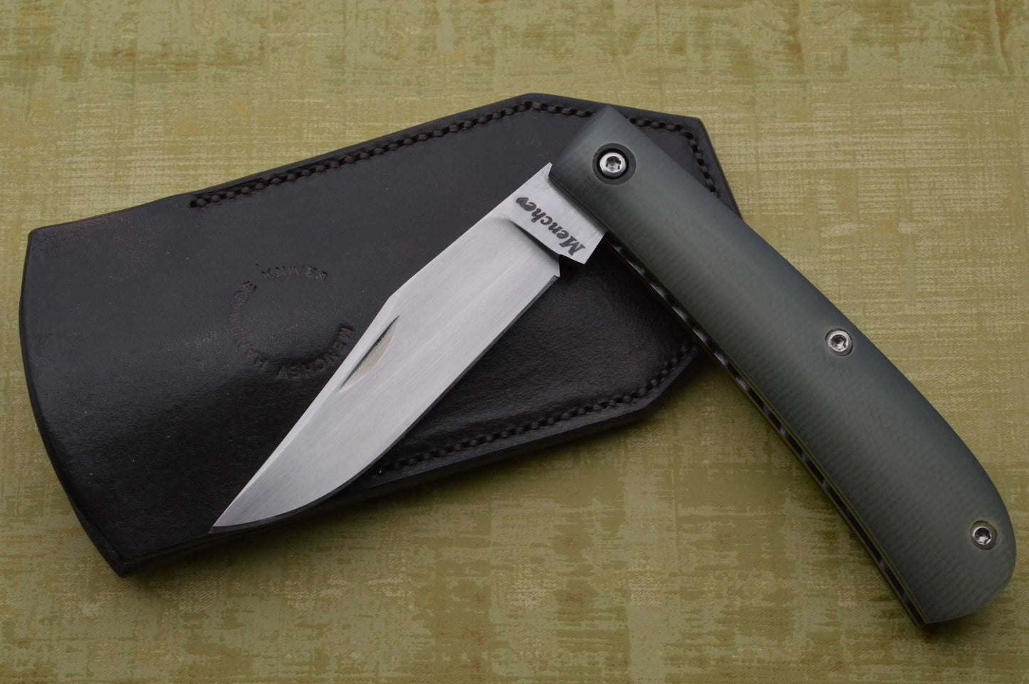 Georgi Menchev Slip-Joint Trapper Knife, RWL34, G10 Scales, Leather Sheath (SOLD)