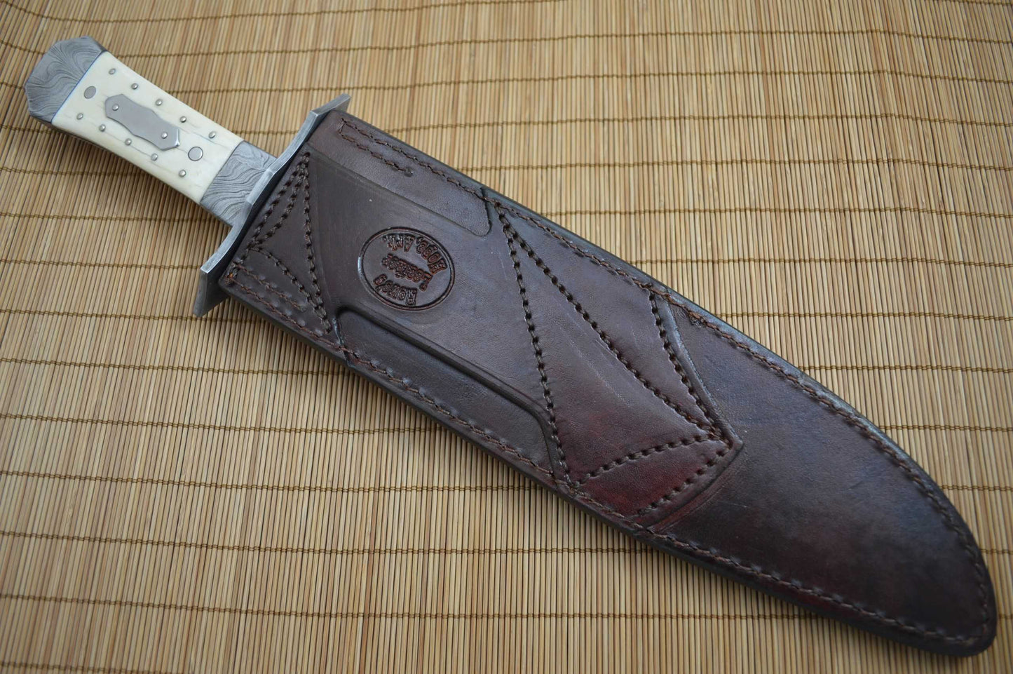 David Anders M.S. Coffin Handle Feather Damascus Bowie, Fossilized Handle, Rowe Leather Sheath (SOLD)
