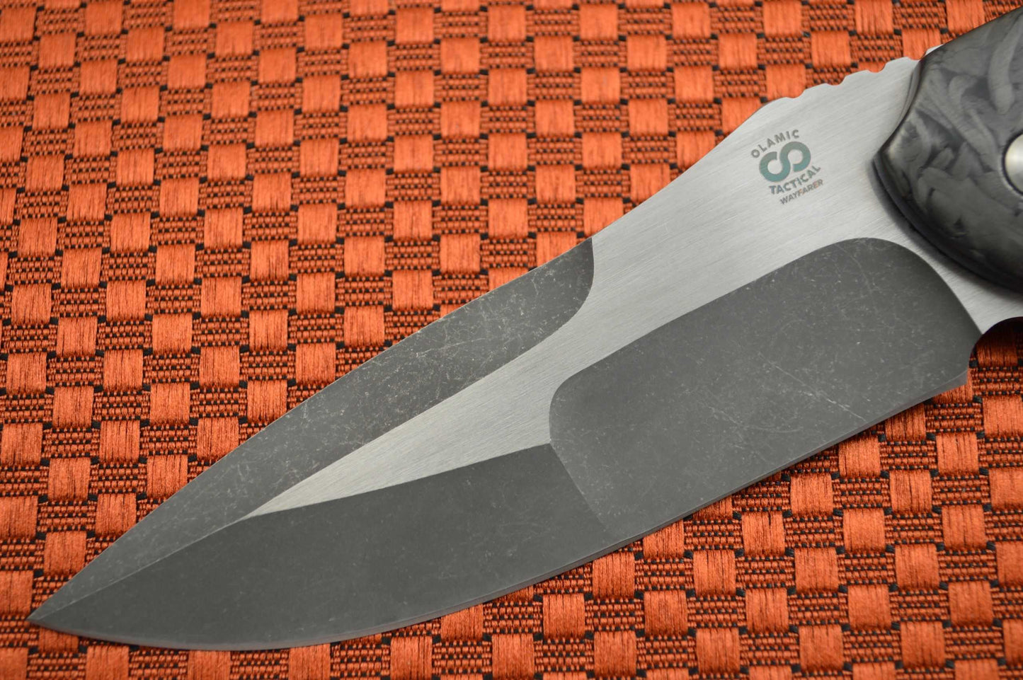 Olamic Cutlery Custom Wayfarer Classic Flipper, Double Marbled CF Bolsters, Orange Peel Zirconium (SOLD)