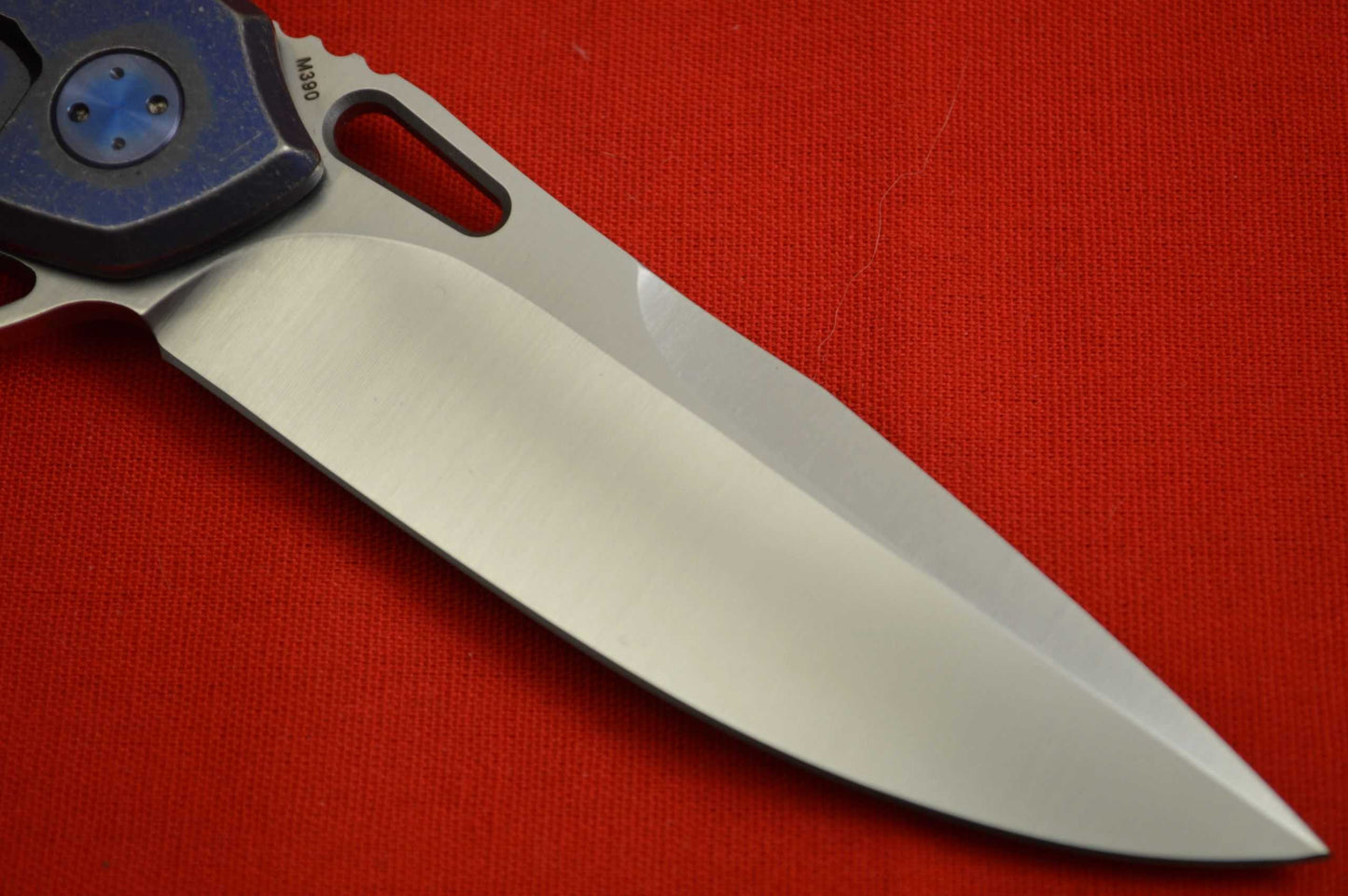 Olamic Cutlery Wayfarer 247 Blued Titanium Hole Pattern Handle, M390 Satin Blade (SOLD)