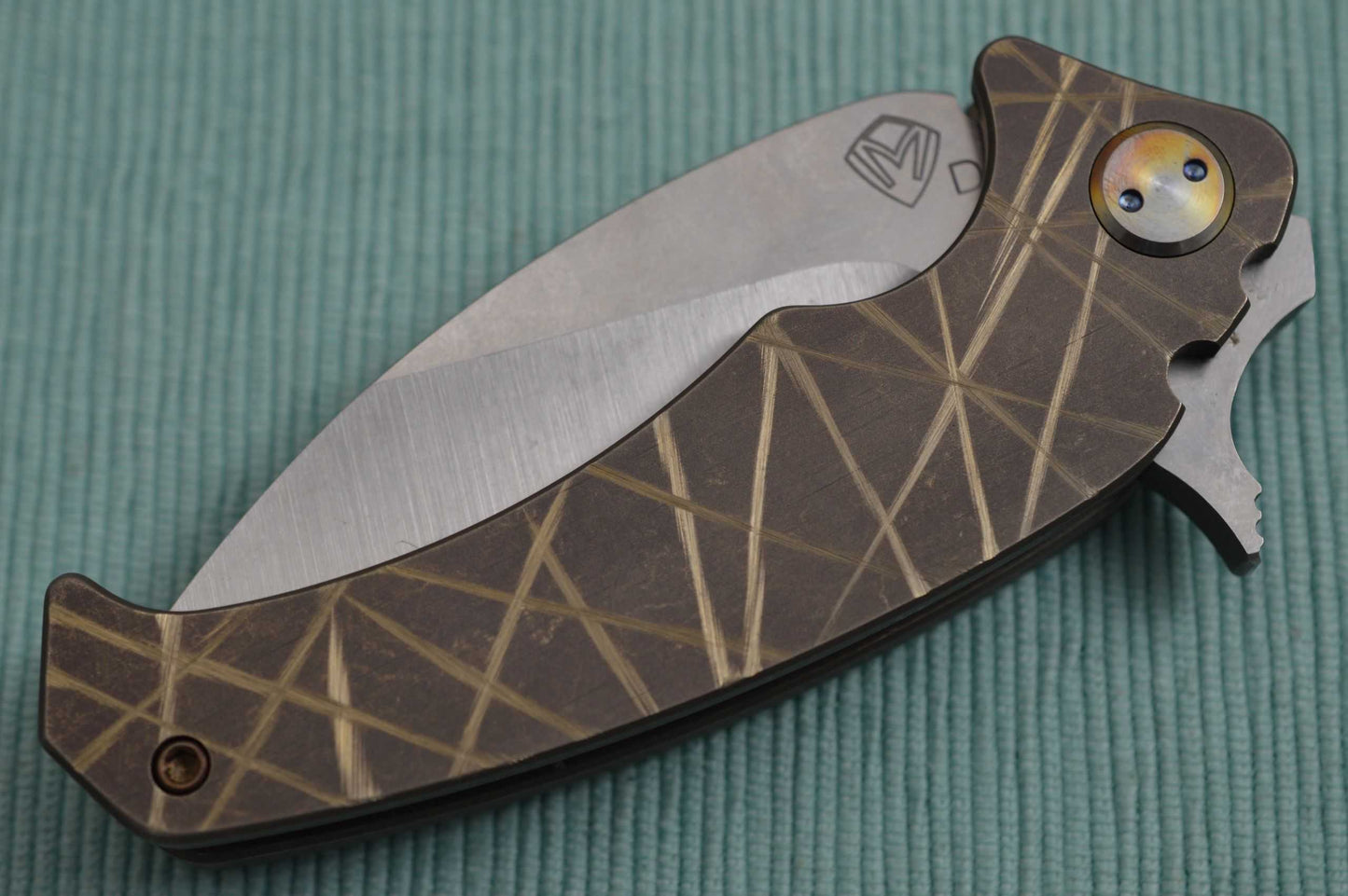 Medford Knife and Tool Flipper FUK, Tumbled D2 Blade, Bronze Anodized Sculpted Titanium Handle (SOLD)