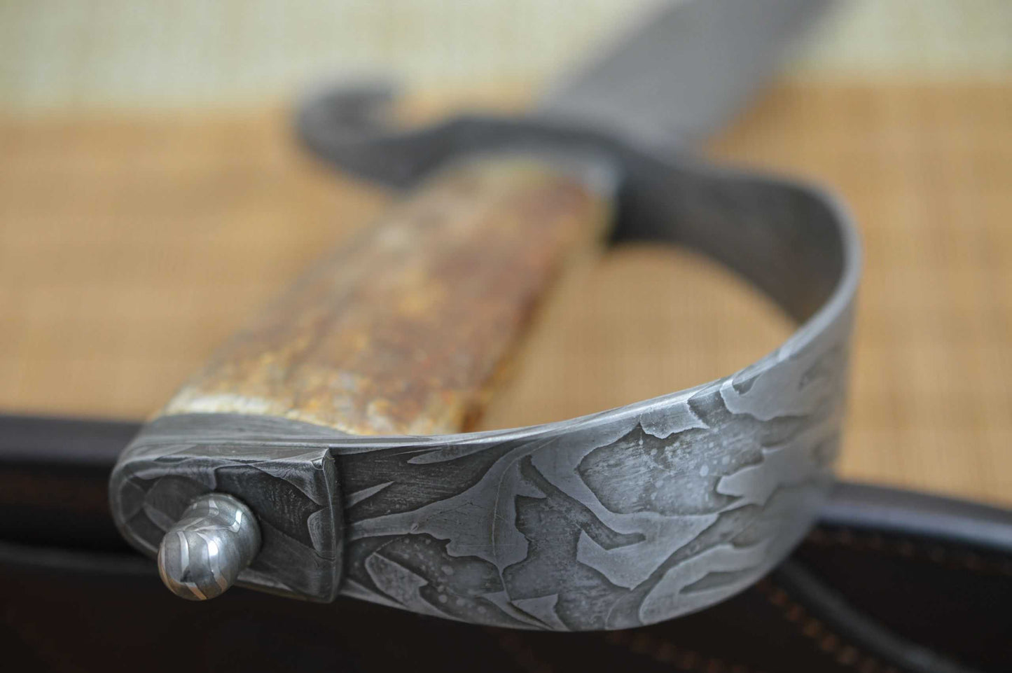 David Anders M.S. D-Guard Damascus Bowie, Fossilized Handle, Rowe Leather Sheath (SOLD)
