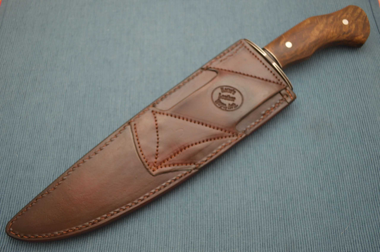 Jerry Fisk MS, Arkansas Camp Knife, Rowe Rattlesnake Inlay Leather Sheath (SOLD)