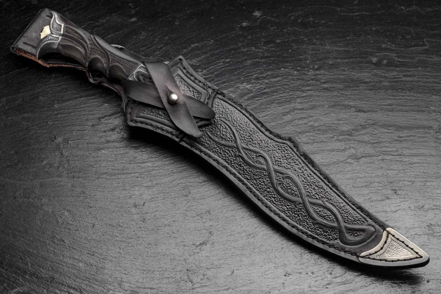 Mark Banfield Forged Fighter, Hamon, Carved Textured Fullers, Bog Oak Handle (TRADED)