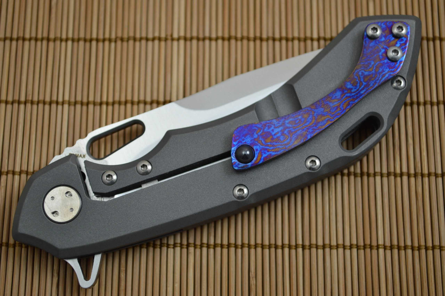 Olamic Cutlery Wayfarer 247 Titanium Damascus, Satin Elmax Blade (SOLD)