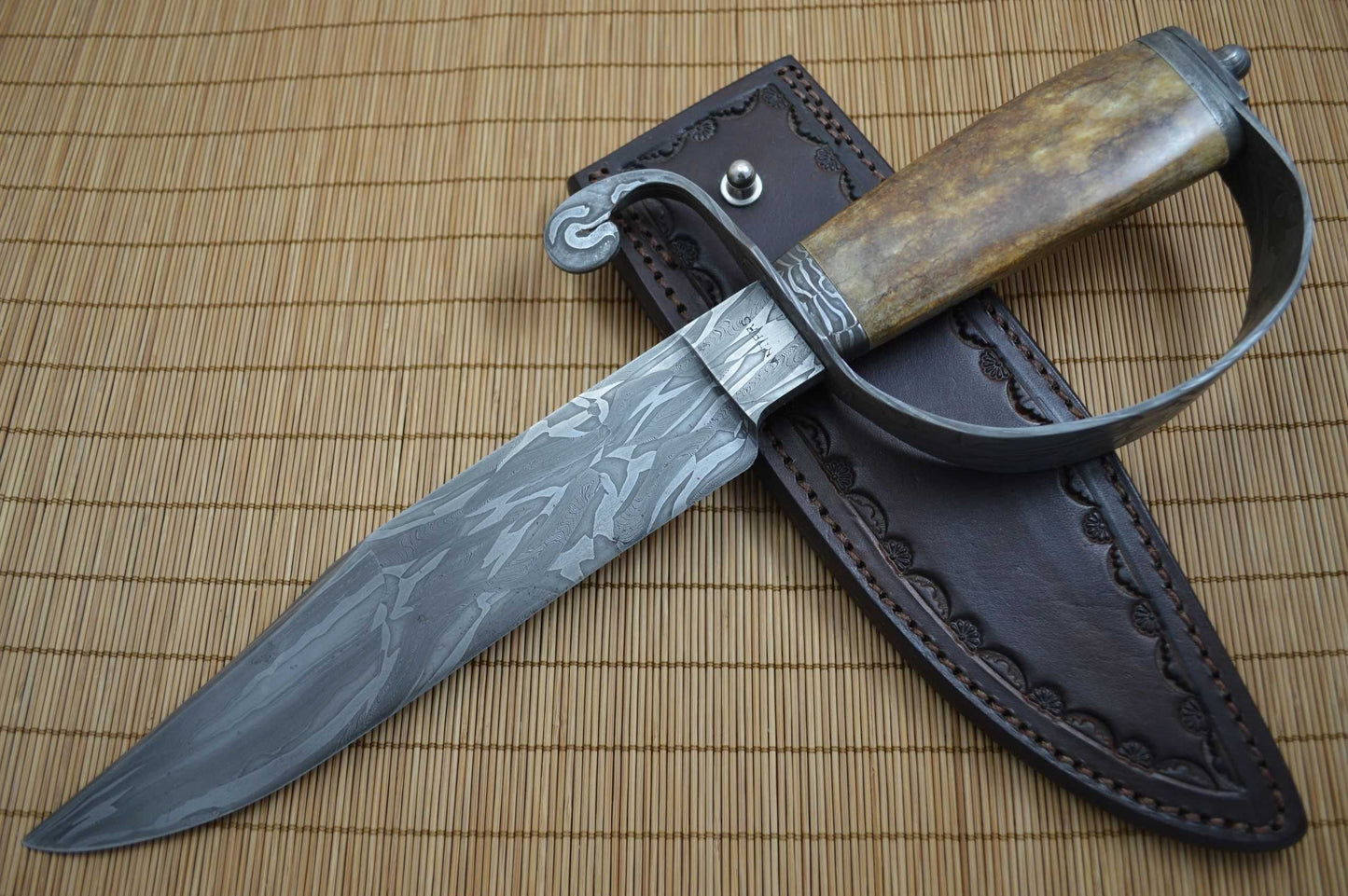 David Anders M.S. D-Guard Damascus Bowie, Fossilized Handle, Rowe Leather Sheath (SOLD)