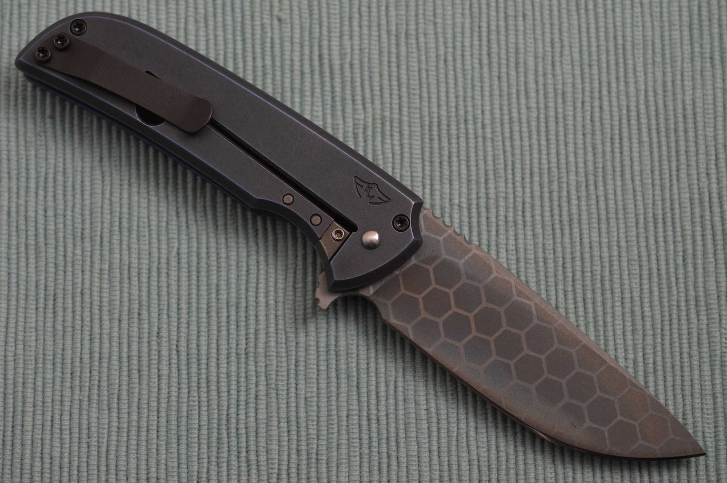 Ferrum Forge One-Off Frame-Lock N-TAC Flipper Folding Knife, SM-100 Hexagonal Anodized Blade, Cerulean Dark Matter Titanium Frame (SOLD)