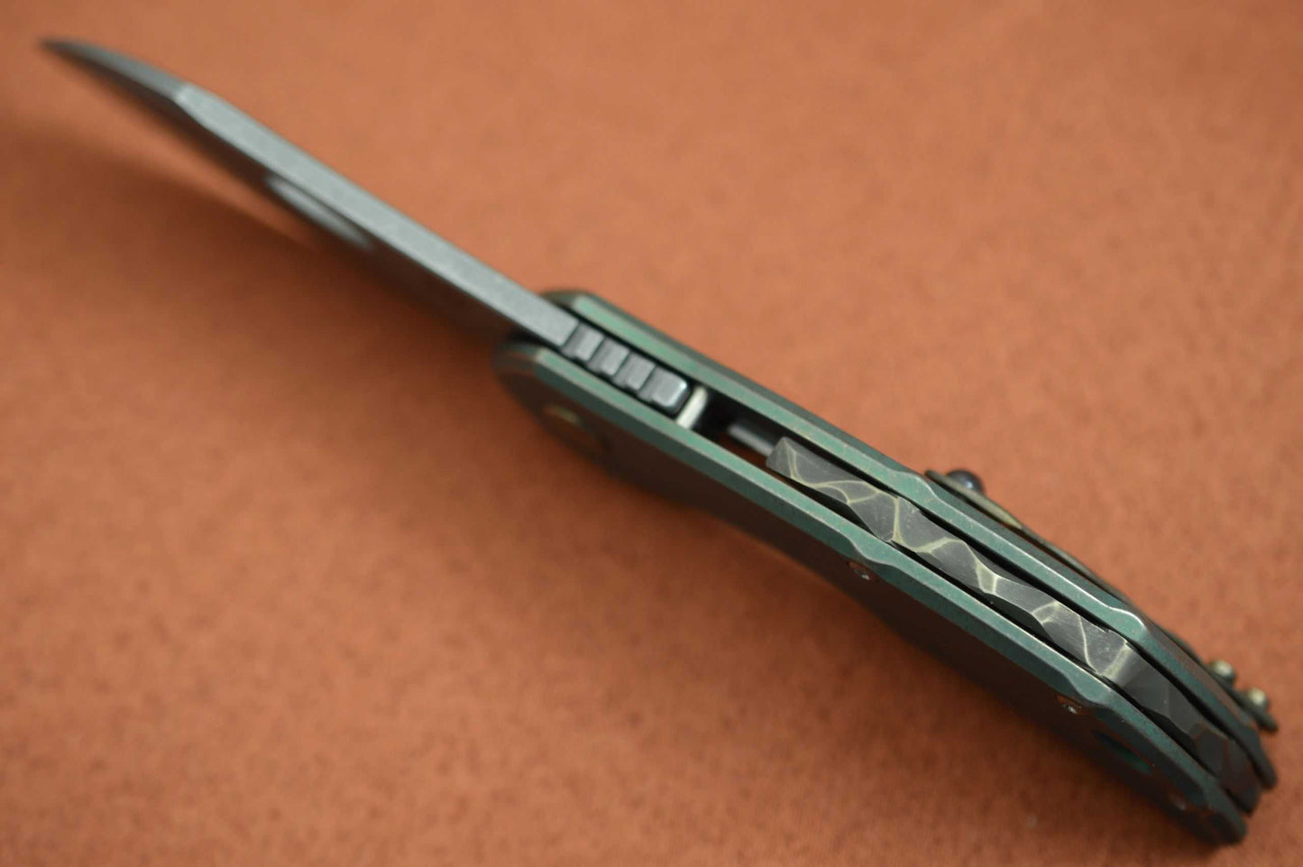 Olamic Cutlery BUSKER, Largo M390 Stonewashed Blade, Kinetic Rainforest Titanium Frame (SOLD)