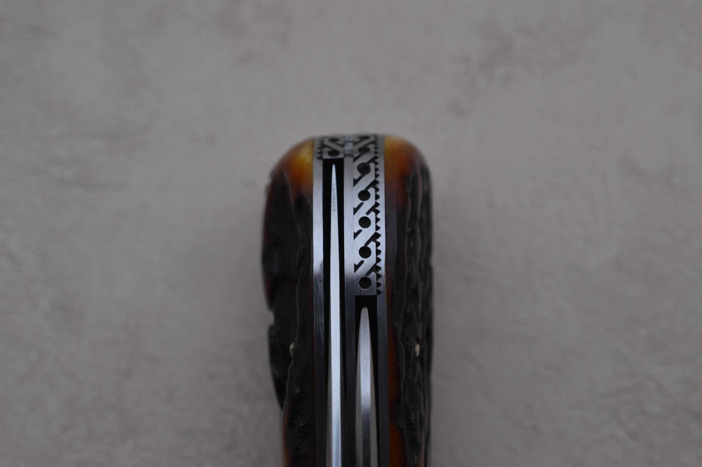 Rusty Preston Amber Stag 2-Blade Barlow, Roman Knot File-Work (SOLD)