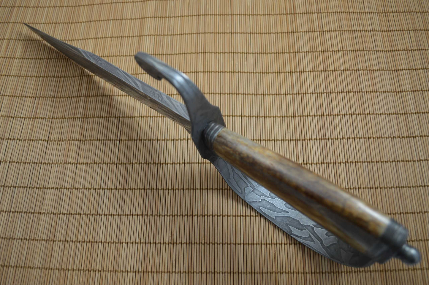 David Anders M.S. D-Guard Damascus Bowie, Fossilized Handle, Rowe Leather Sheath (SOLD)
