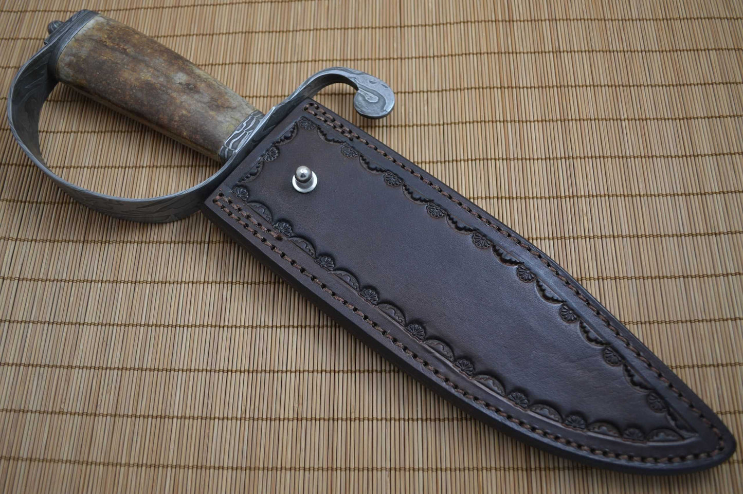 David Anders M.S. D-Guard Damascus Bowie, Fossilized Handle, Rowe Leather Sheath (SOLD)
