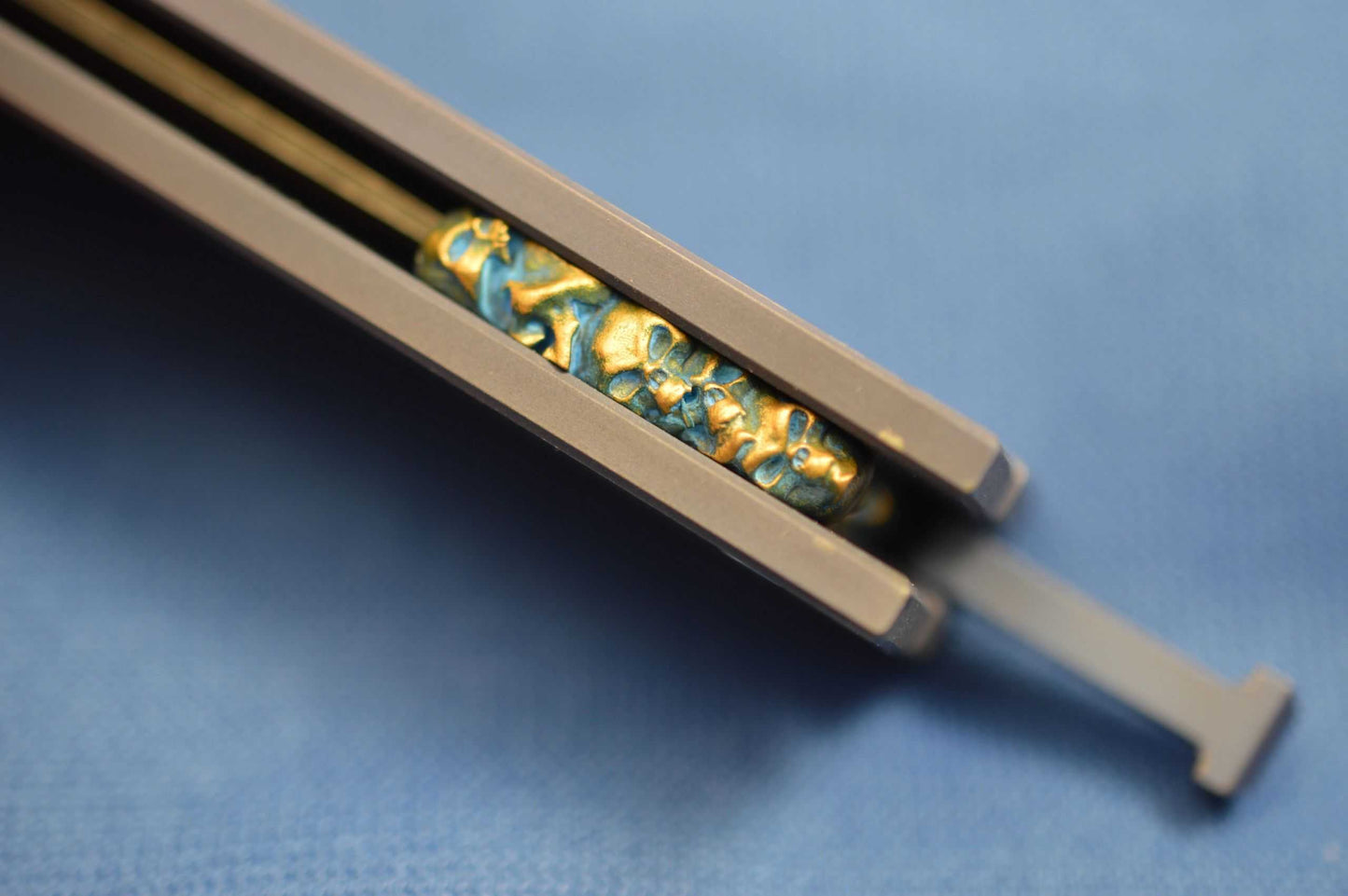 Michael Zieba Custom "memento mori" Etched KOI Balisong Knife, Bronze Skulls Spacers (SOLD)