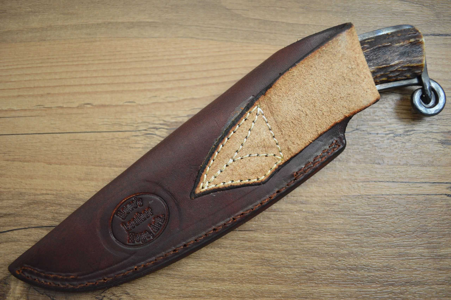 David Lisch, M.S. Meteor Shower Damascus Hunter, Sambar Stag, Rowe Leather Sheath (SOLD)