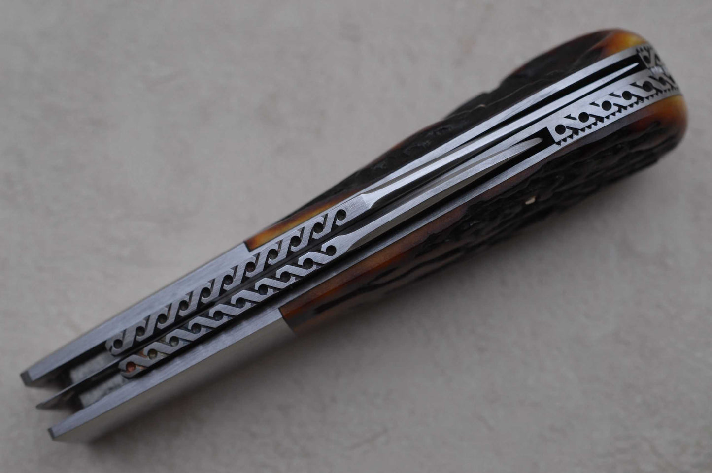 Rusty Preston Amber Stag 2-Blade Barlow, Roman Knot File-Work (SOLD)