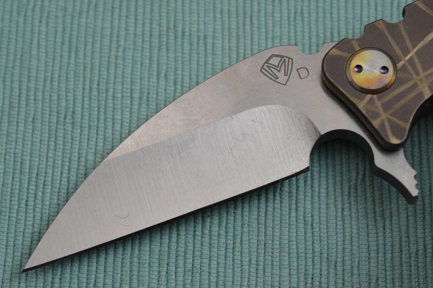 Medford Knife and Tool Flipper FUK, Tumbled D2 Blade, Bronze Anodized Sculpted Titanium Handle (SOLD)