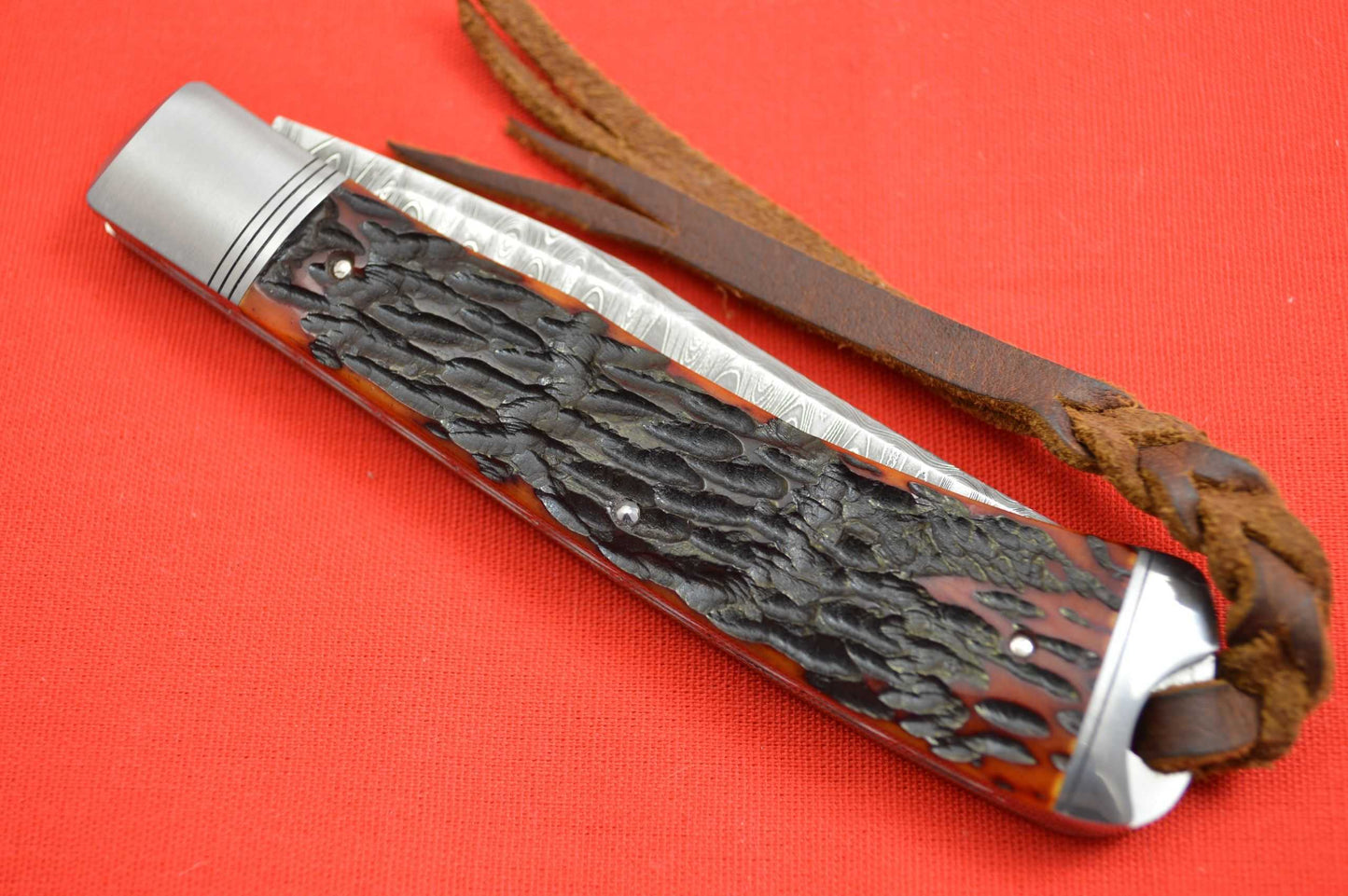 Bill Ruple Slip Joint Trapper, Amber Jigged Bone, Devin Thomas Damascus, File-Work (SOLD)