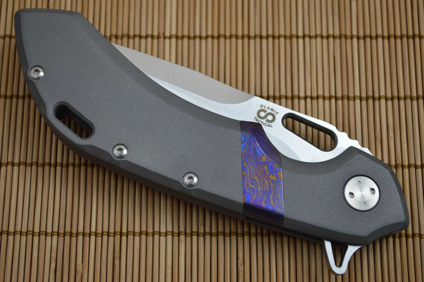 Olamic Cutlery Wayfarer 247 Titanium Damascus, Satin Elmax Blade (SOLD)