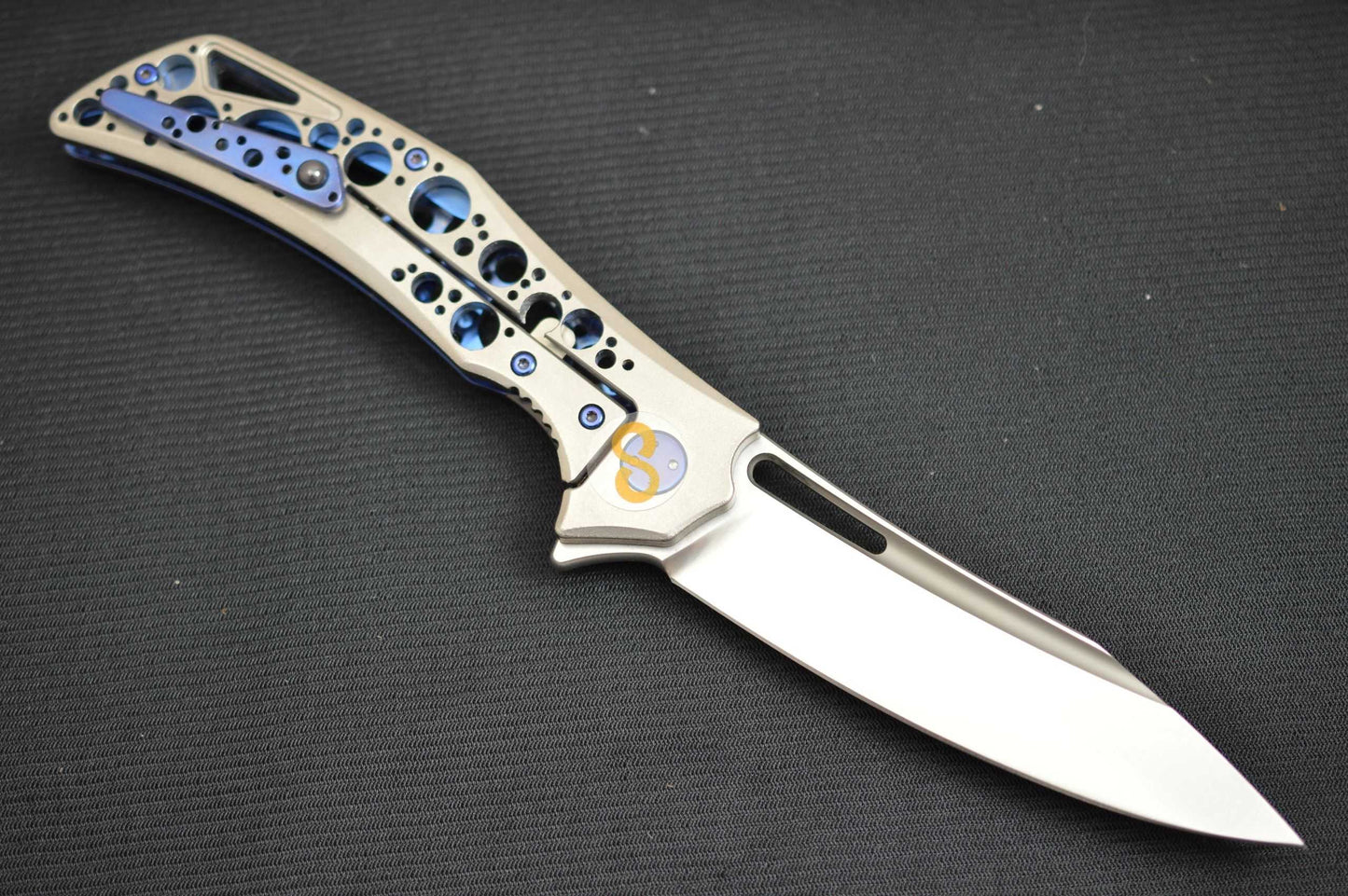 Olamic Cutlery SWISH Orange Peel ACID RAIN Frame and Pocket Clip, Sculpted Backbar (SOLD)